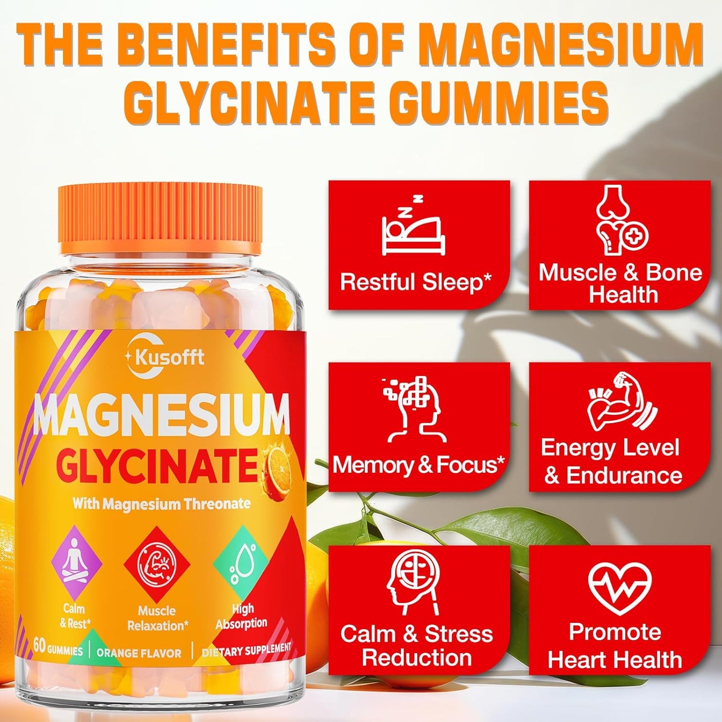 1500mg Sugar-Free Magnesium Glycinate Gummies for Women & Men by Kusofft