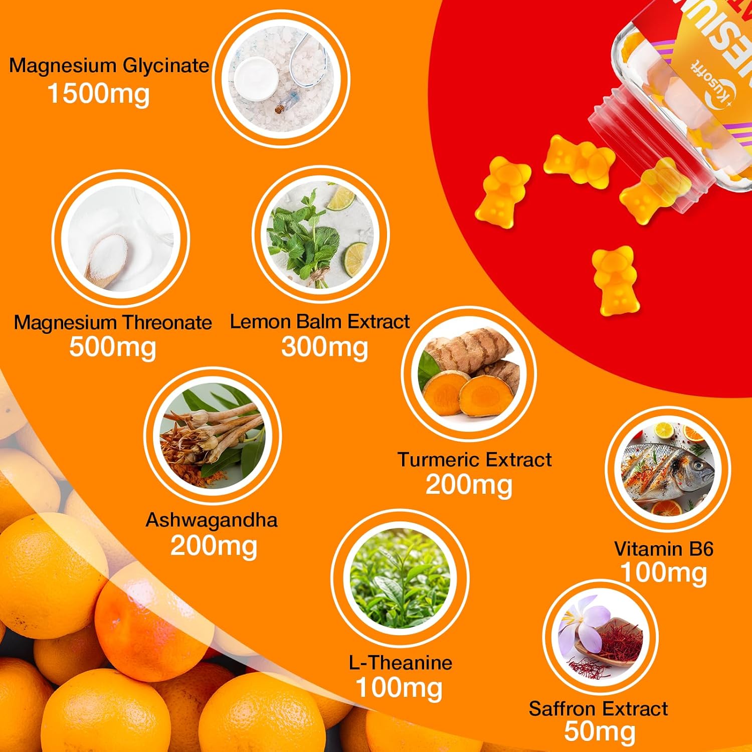 1500mg Sugar-Free Magnesium Glycinate Gummies for Women & Men by Kusofft