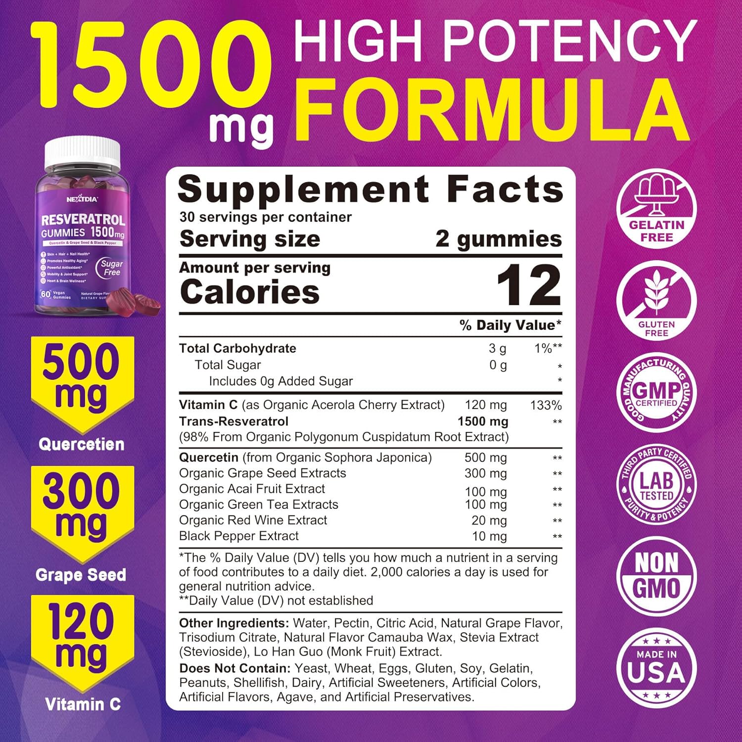 1500mg Sugar Free Resveratrol Gummies with CoQ10 and Magnesium for Healthy Aging & Longevity - 100 Gummies