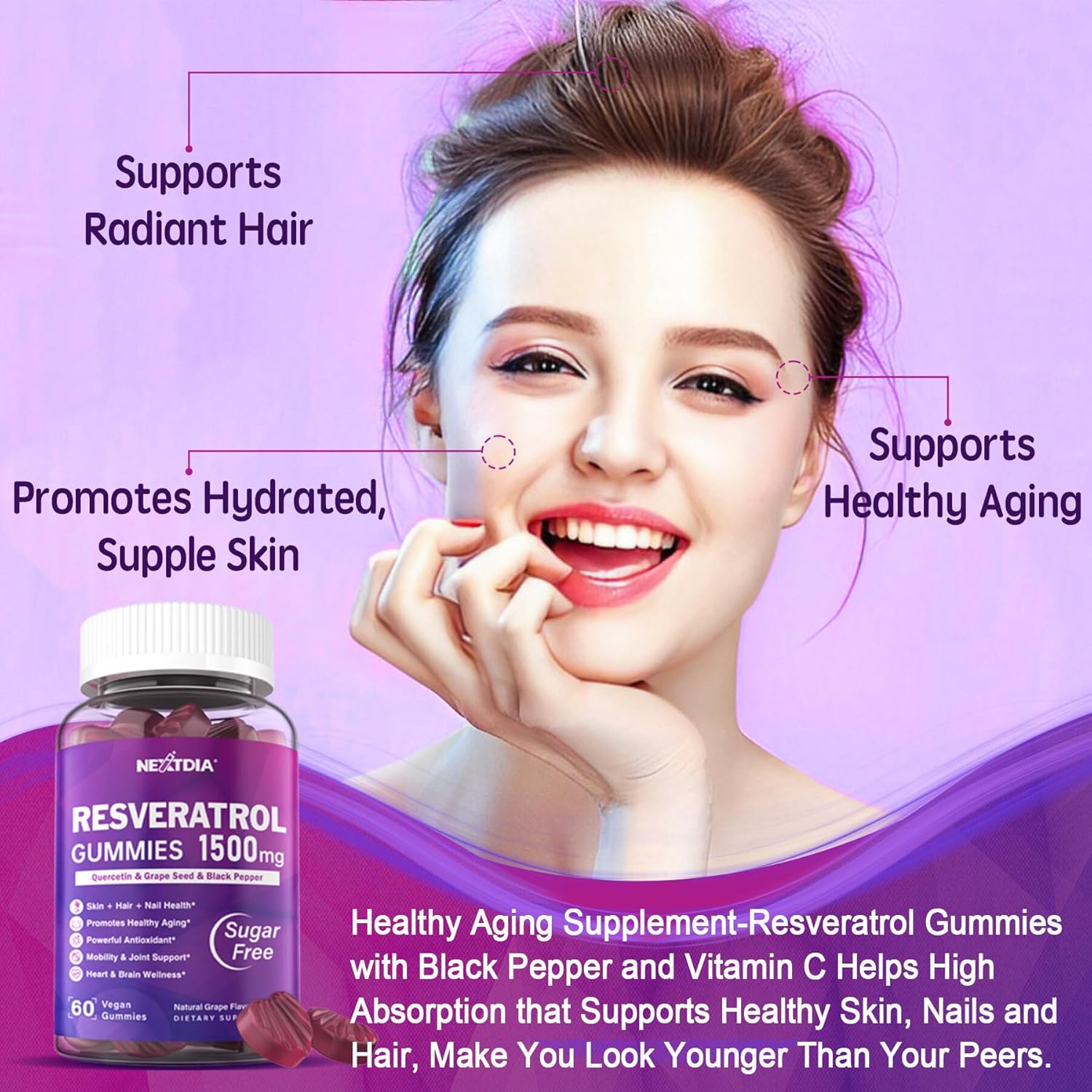 1500mg Sugar Free Resveratrol Gummies with CoQ10 and Magnesium for Healthy Aging & Longevity - 100 Gummies