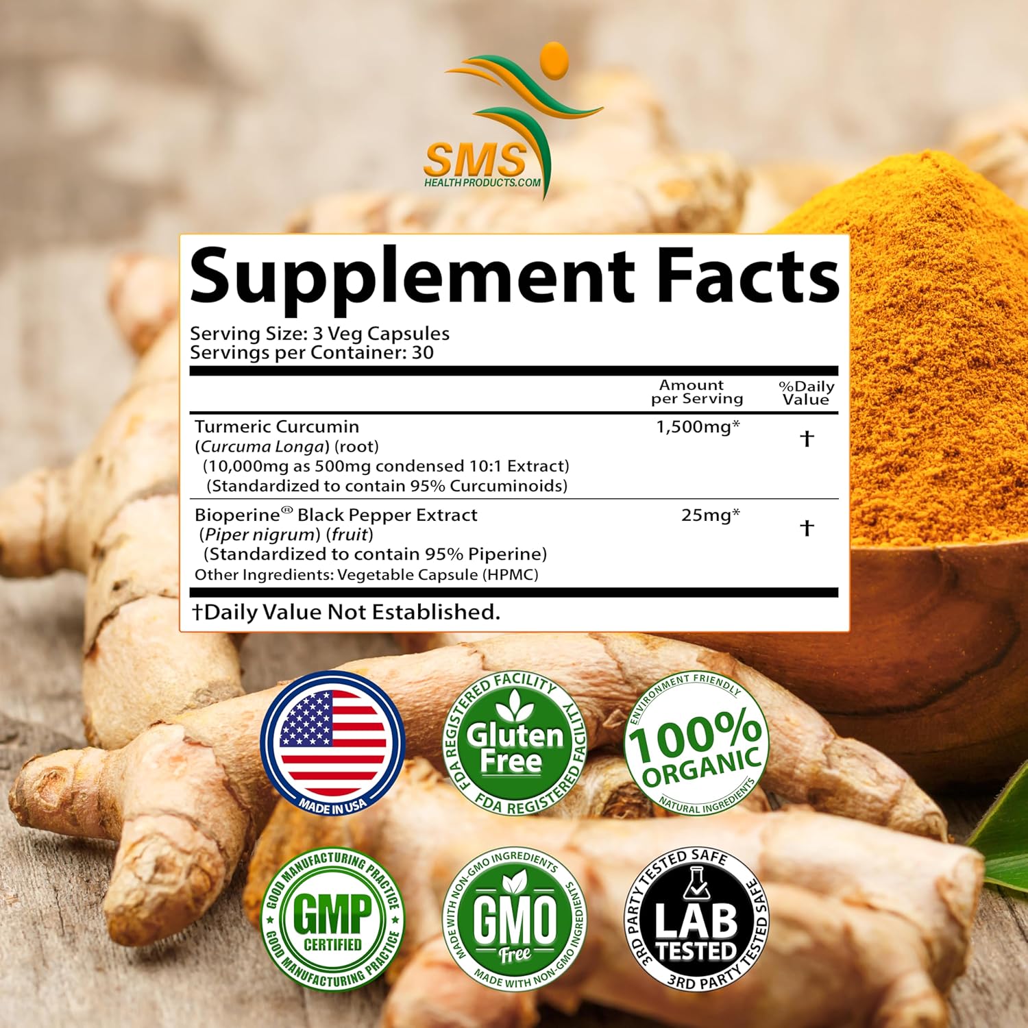 1,500mg Turmeric Curcumin with Black Pepper - 90 Veggie Capsules - 95% Standardized Curcuminoids & Bioperine - Non-GMO, Gluten Free Dietary Supplement
