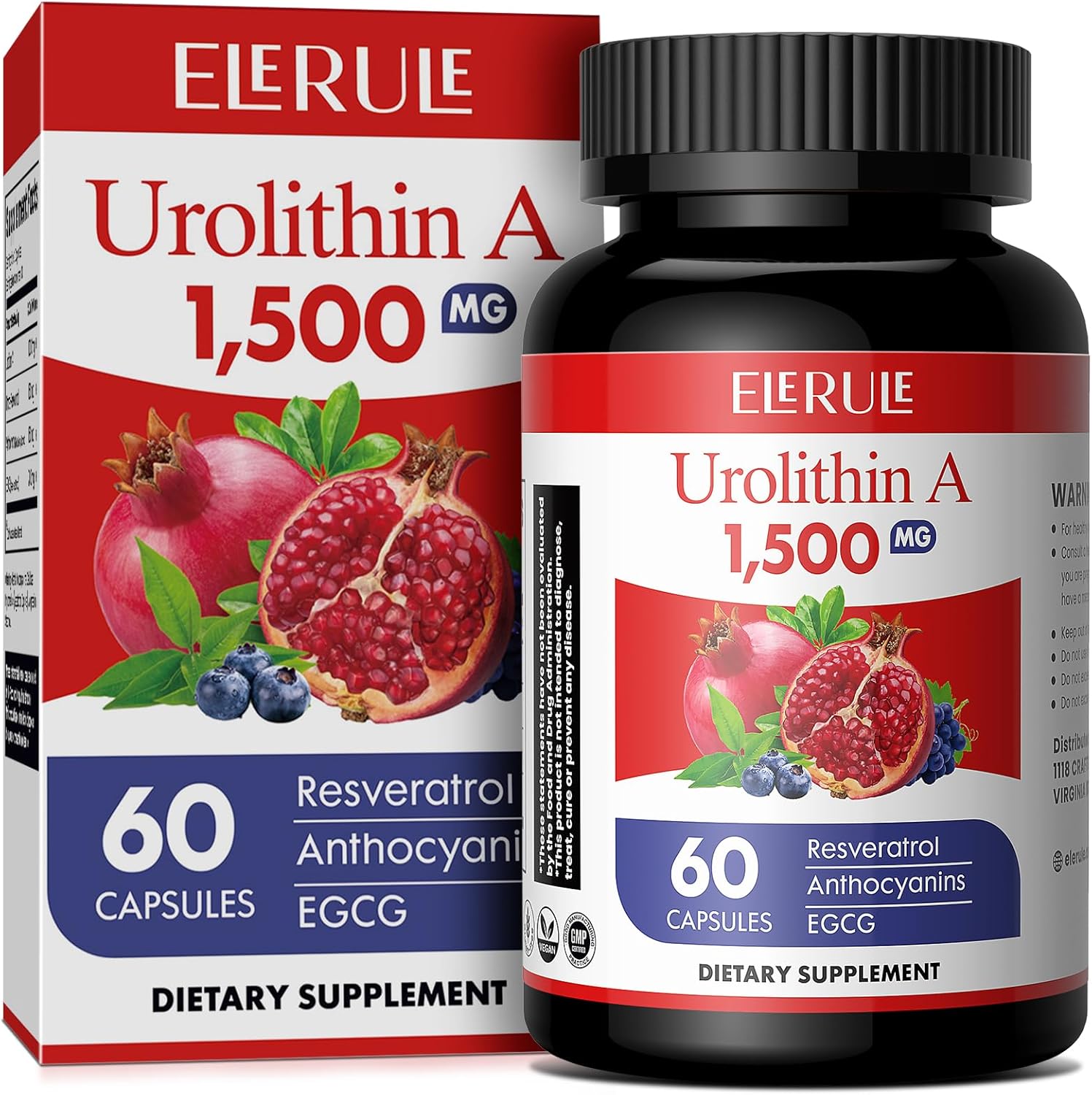 1500mg Urolithin A Supplement with Trans-Resveratrol, Anthocyanins, Green Tea - Supports Healthy Aging, Cellular Vitality & Energy - 60 Capsules for Men & Women