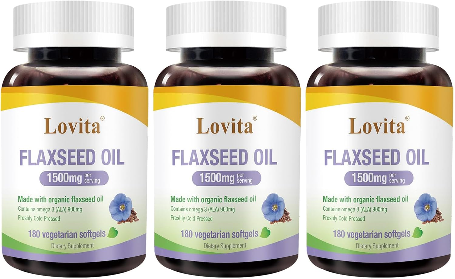 1500mg Vegan Omega-3 Flaxseed Oil Softgels - 900mg ALA - Cold-Pressed - 180 Softgels x3 Pack