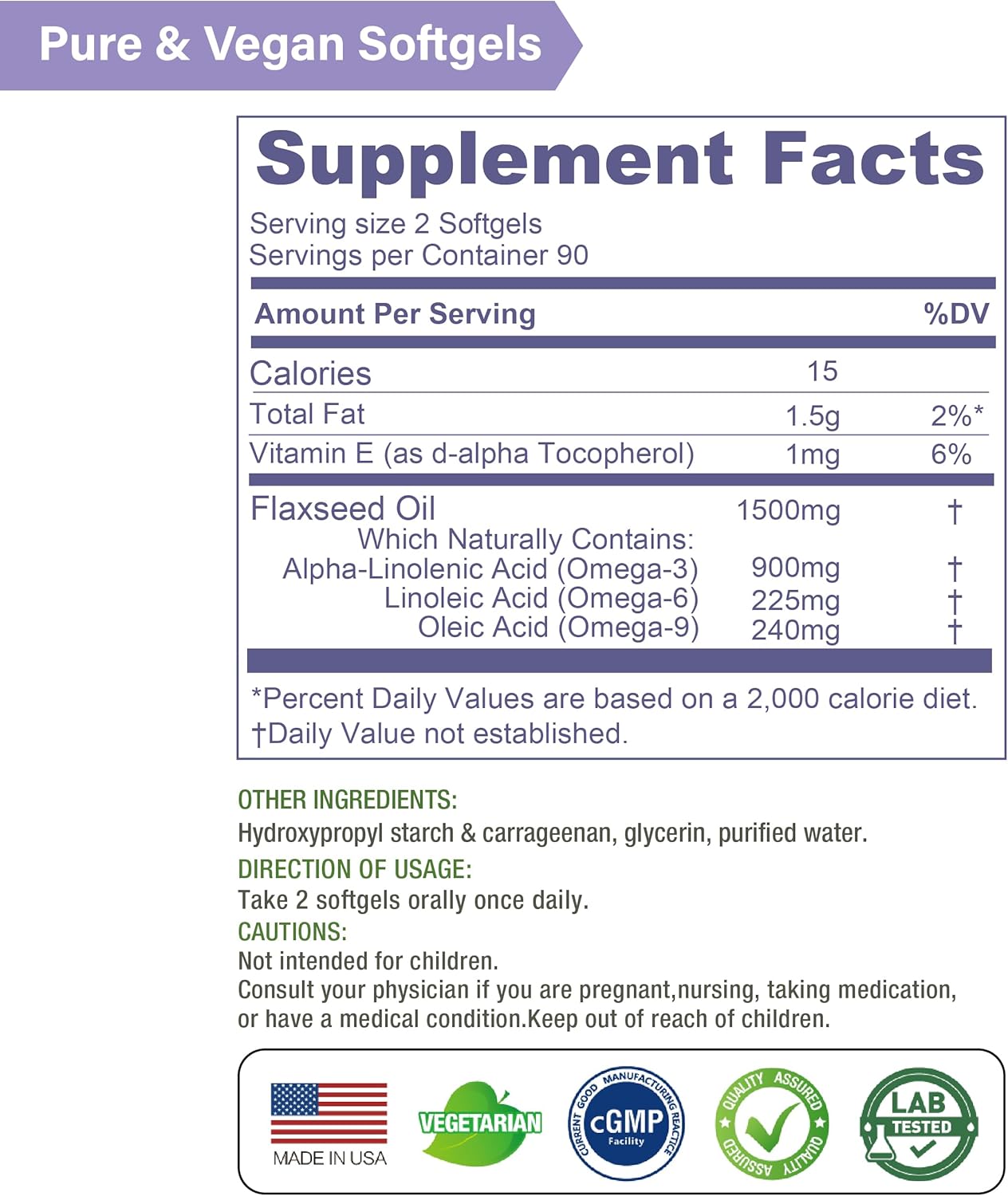 1500mg Vegan Omega-3 Flaxseed Oil Softgels - 900mg ALA - Cold-Pressed - 180 Softgels x3 Pack