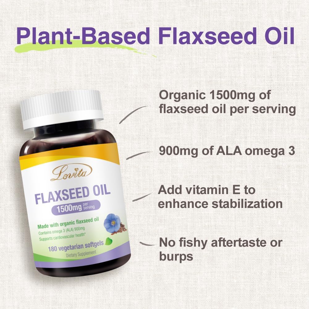 1500mg Vegan Omega-3 Flaxseed Oil Softgels - 900mg ALA - Cold-Pressed - 180 Softgels x3 Pack