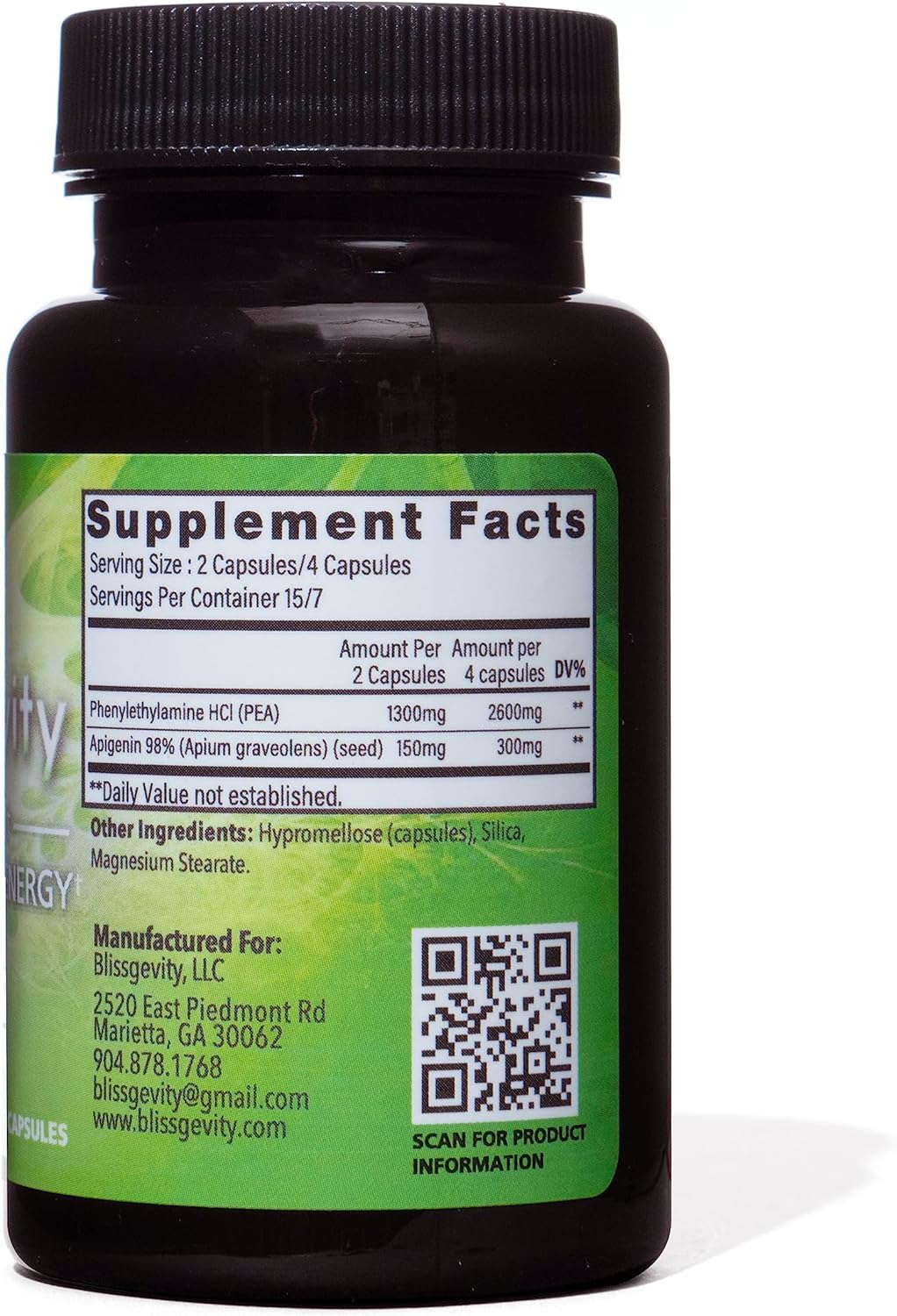 150mg Blissgevity Apigenin & Phenylethylamine Mood Support Supplement for Euphoria, Focus, Mental Clarity, Stress Relief, Calm, and Intimacy Enhancement - 30 Capsules