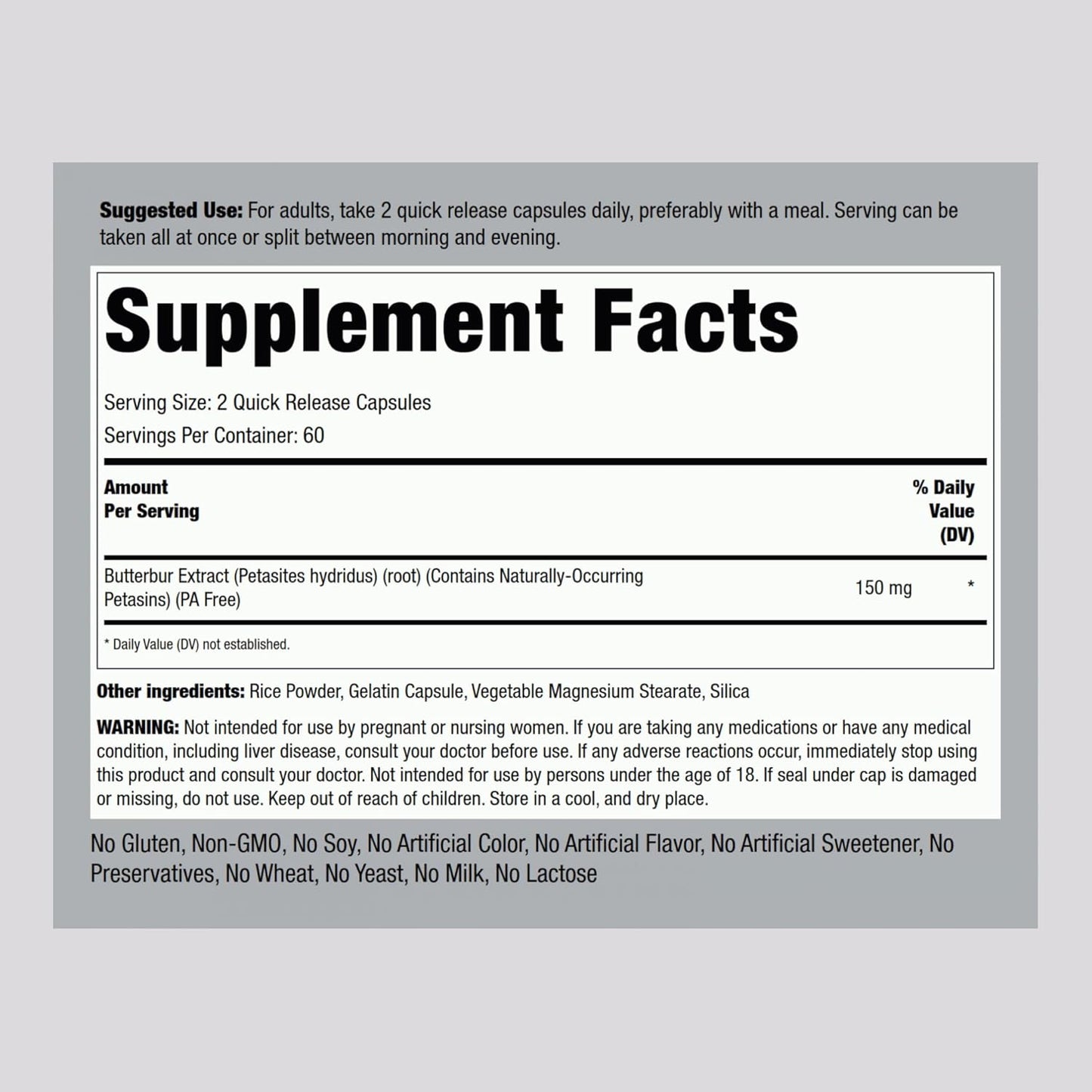 150mg Butterbur Extract Supplement Capsules - Herbal Vitamin, Gluten Free, Non-GMO - 120 Count