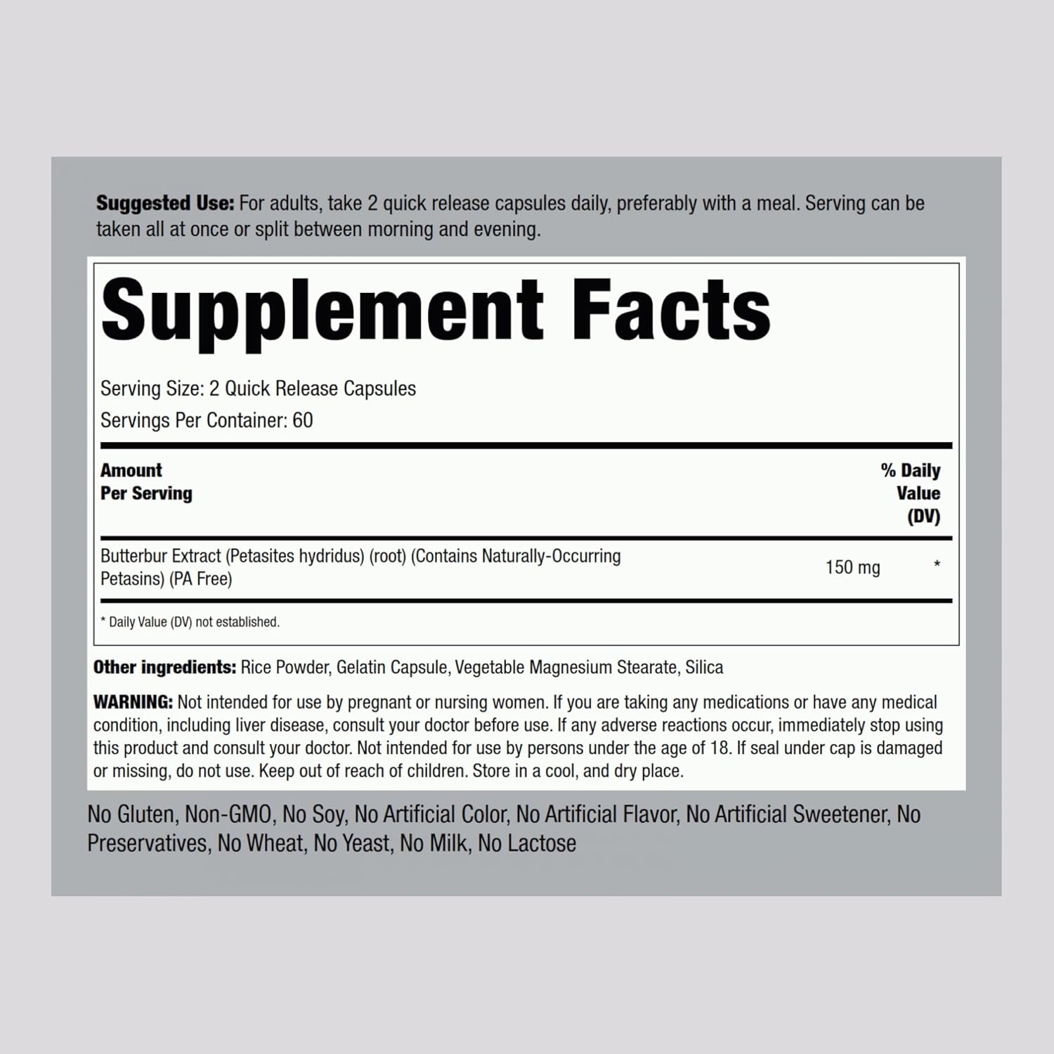 150mg Butterbur Extract Supplement Capsules - Herbal Vitamin, Gluten Free, Non-GMO - 120 Count