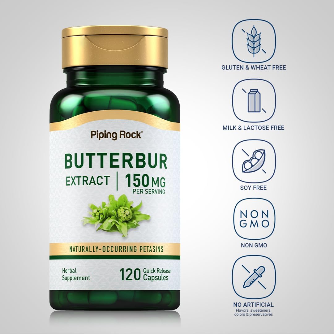 150mg Butterbur Extract Supplement Capsules - Herbal Vitamin, Gluten Free, Non-GMO - 120 Count