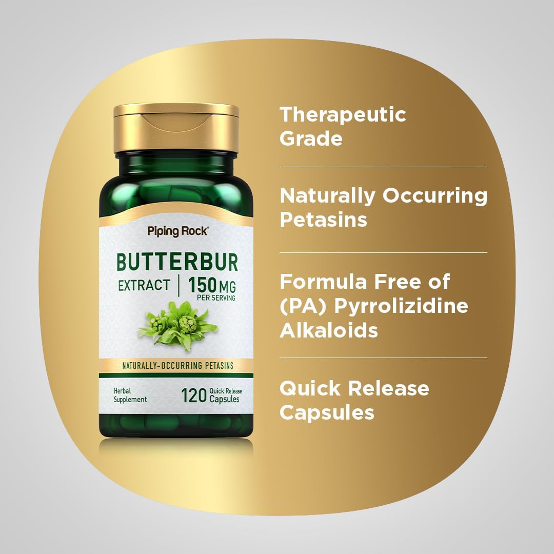 150mg Butterbur Extract Supplement Capsules - Herbal Vitamin, Gluten Free, Non-GMO - 120 Count
