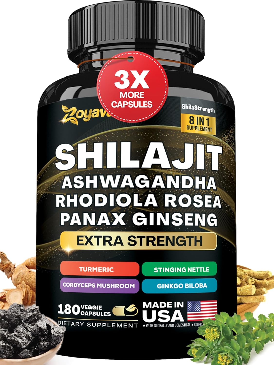 15,250MG Herbal Supplement with Shilajit, Panax Ginseng, Ashwagandha, Rhodiola Rosea, Turmeric, Gingko Biloba, Stinging Nettle, and Cordyceps Mushroom - 180 Capsules
