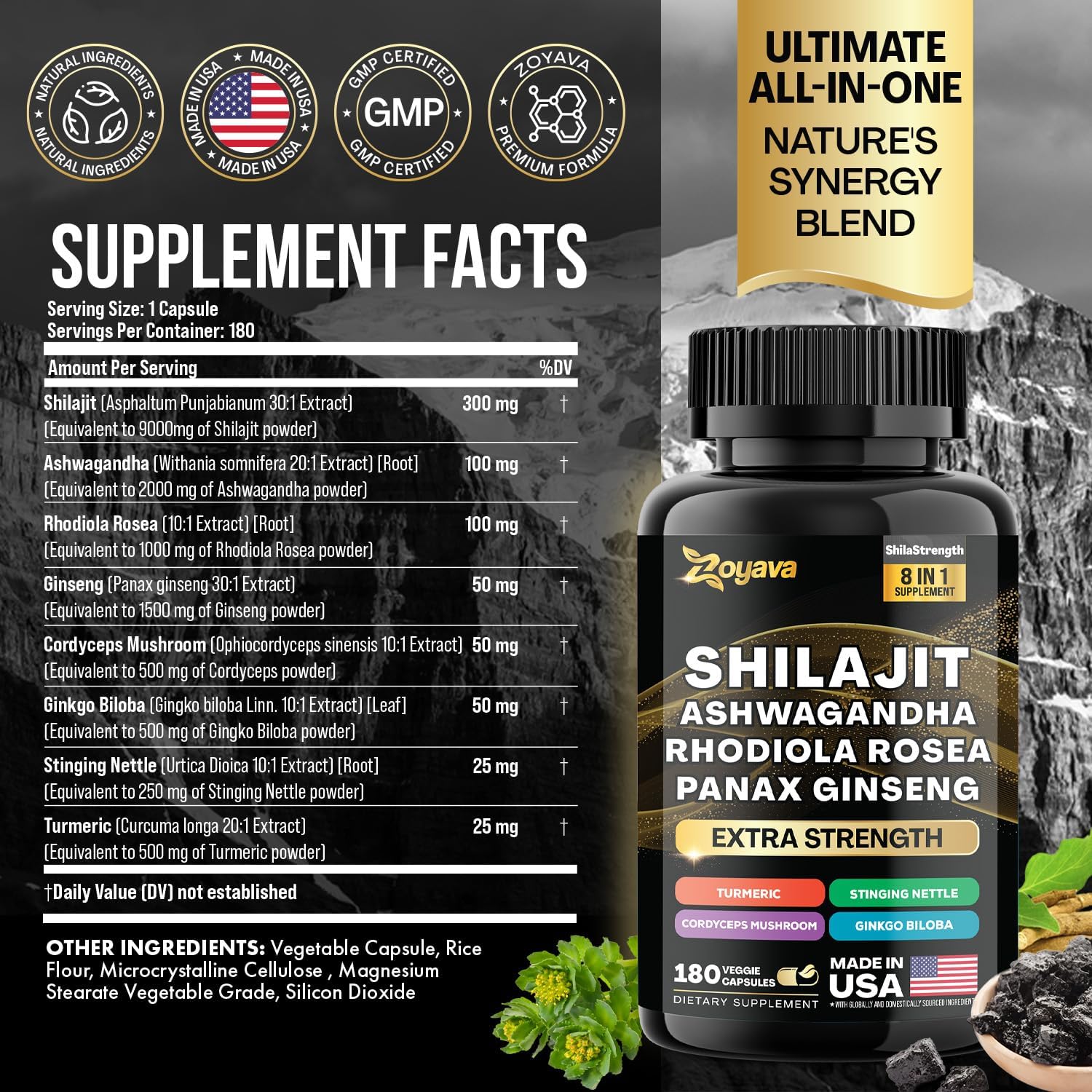 15,250MG Herbal Supplement with Shilajit, Panax Ginseng, Ashwagandha, Rhodiola Rosea, Turmeric, Gingko Biloba, Stinging Nettle, and Cordyceps Mushroom - 180 Capsules