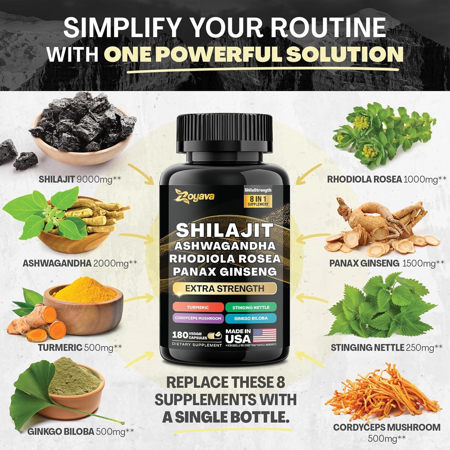 15,250MG Herbal Supplement with Shilajit, Panax Ginseng, Ashwagandha, Rhodiola Rosea, Turmeric, Gingko Biloba, Stinging Nettle, and Cordyceps Mushroom - 180 Capsules