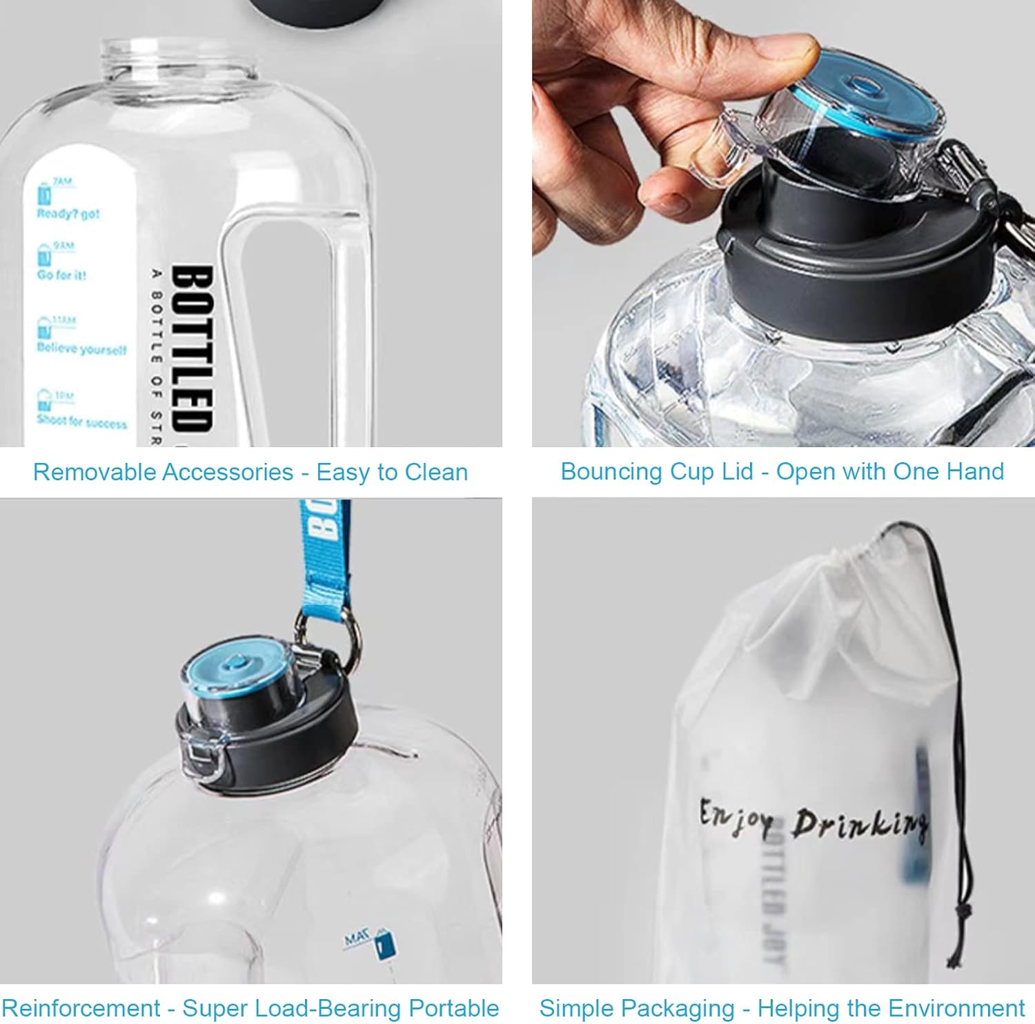 1.5L BPA-Free Sports Water Bottle with Time Markings - Leakproof, Reusable, Flip Top for Sports, Cycling, Camping
