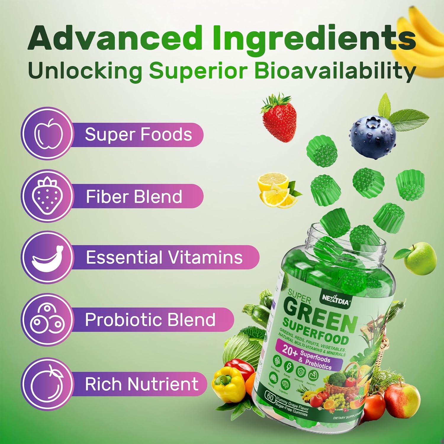 15mg L-MethylFolate Gummies with Super Greens - Nextdia Supplement