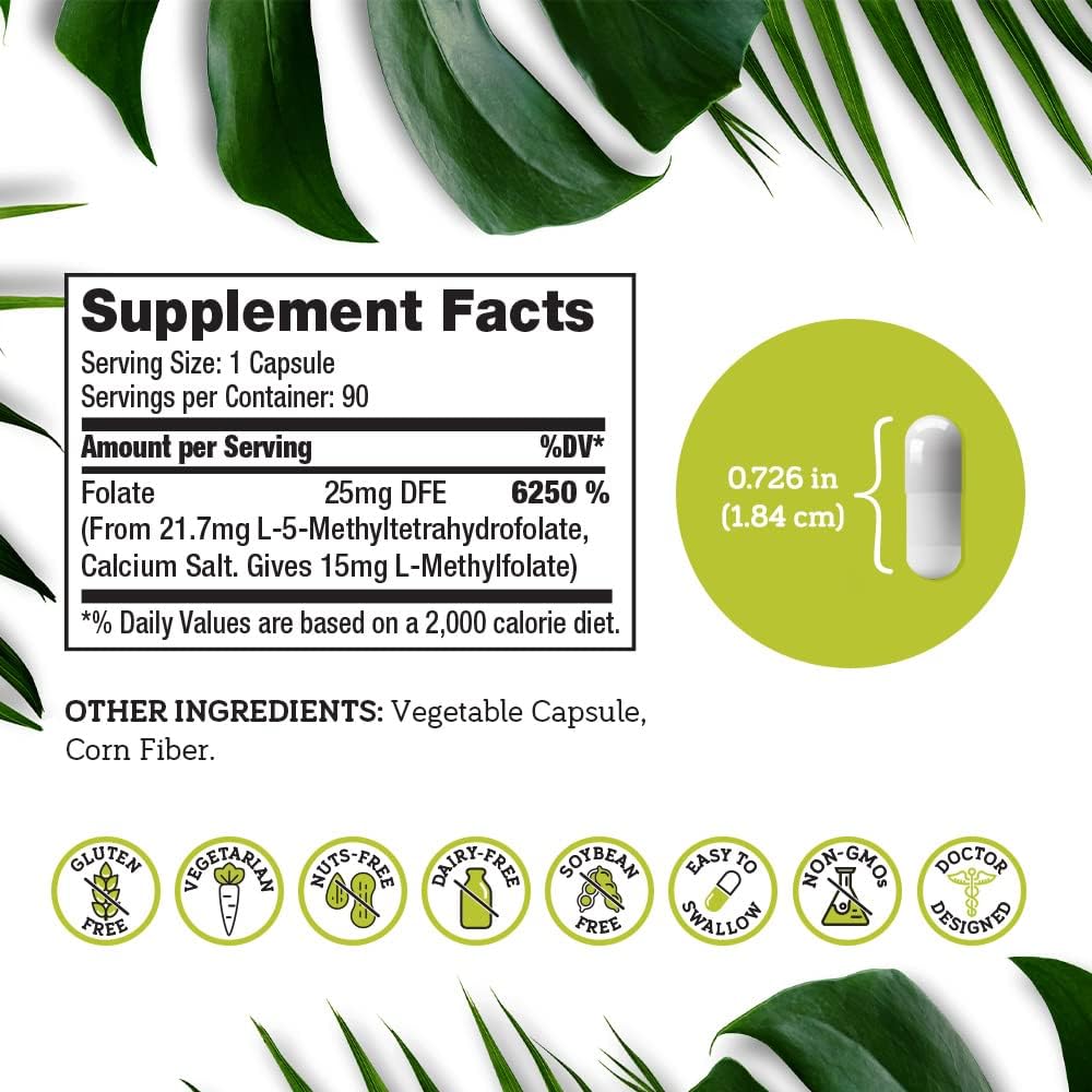 15mg L Methylfolate Supplement for Homocysteine Control - 90 Vegan Capsules - Folic Acid Vitamin - Eco-Friendly