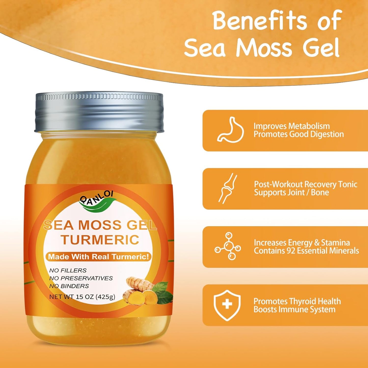 15oz Raw Organic Irish Sea Moss Gel with Turmeric - Pure Natural Sea Moss Gel from QANLOI