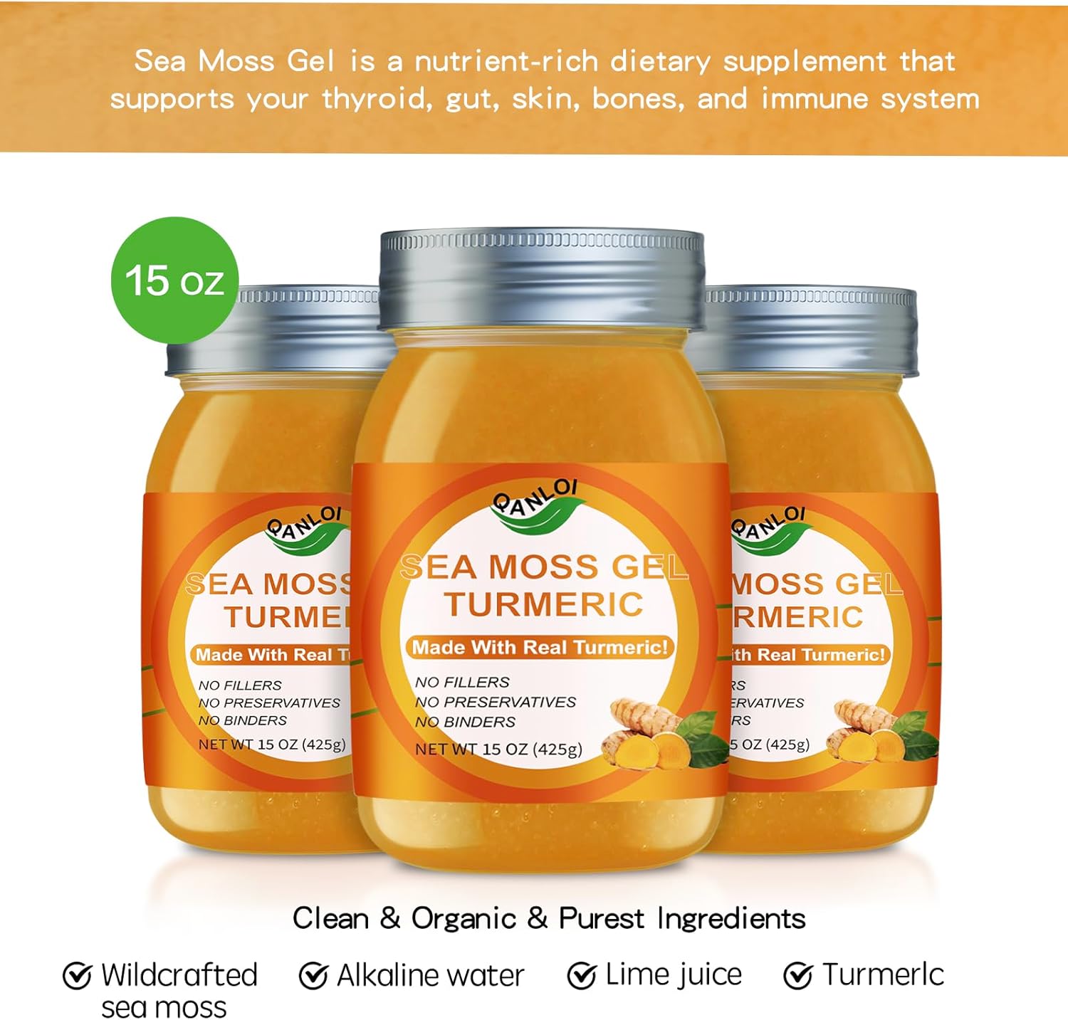 15oz Raw Organic Irish Sea Moss Gel with Turmeric - Pure Natural Sea Moss Gel from QANLOI