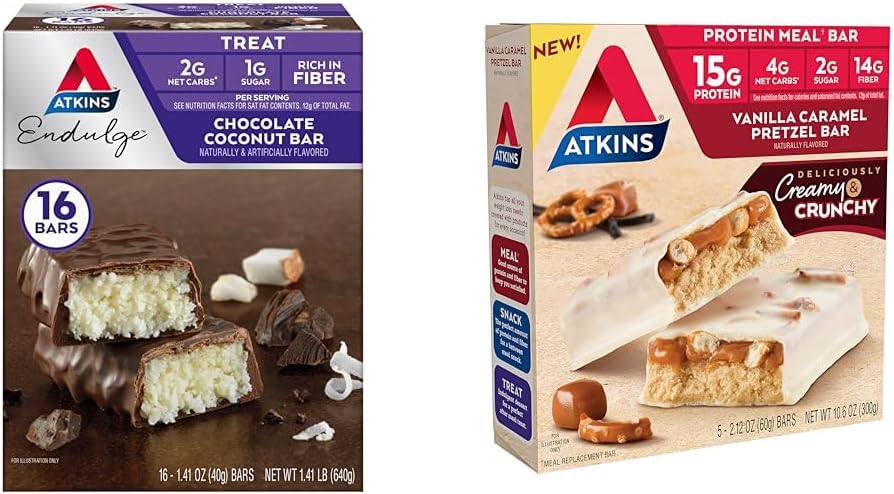 16-Count Atkins Chocolate Coconut Bar & 5-Count Vanilla Caramel Pretzel Protein Meal Bar Combo Pack