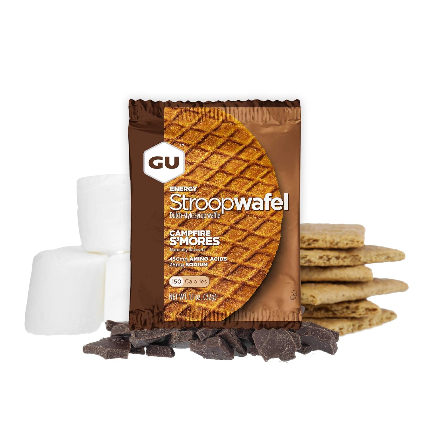 16-Count GU Energy Stroopwafel Campfire S'mores Sports Nutrition Waffles - Caffeine-Free and Kosher Dairy Energy Snack for Workouts
