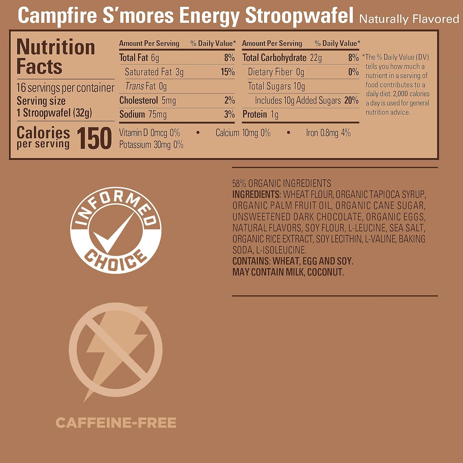 16-Count GU Energy Stroopwafel Campfire S'mores Sports Nutrition Waffles - Caffeine-Free and Kosher Dairy Energy Snack for Workouts