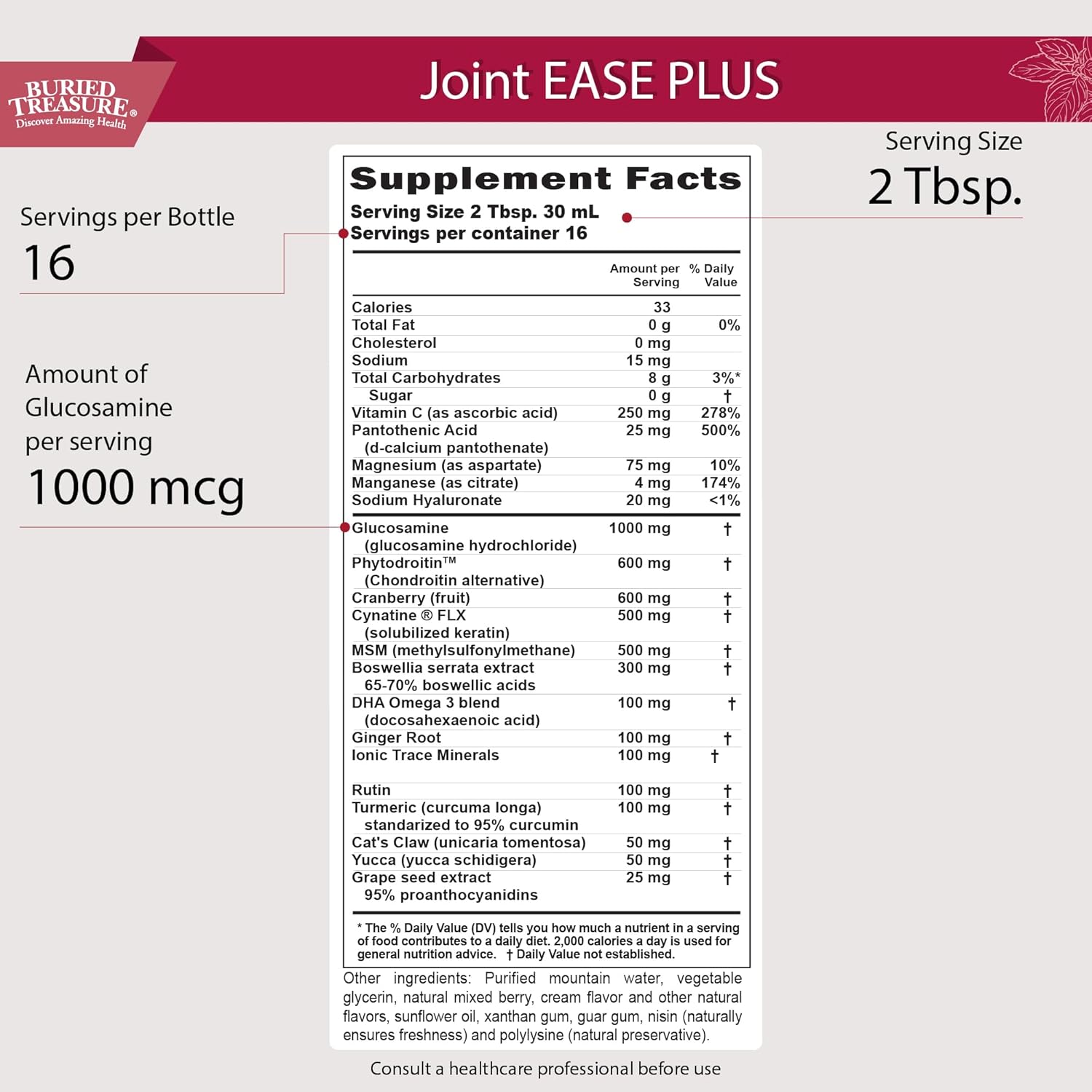 16 fl oz Buried Treasure Joint Ease Plus - Glucosamine Chondroitin, MSM, Turmeric Joint Support Supplement