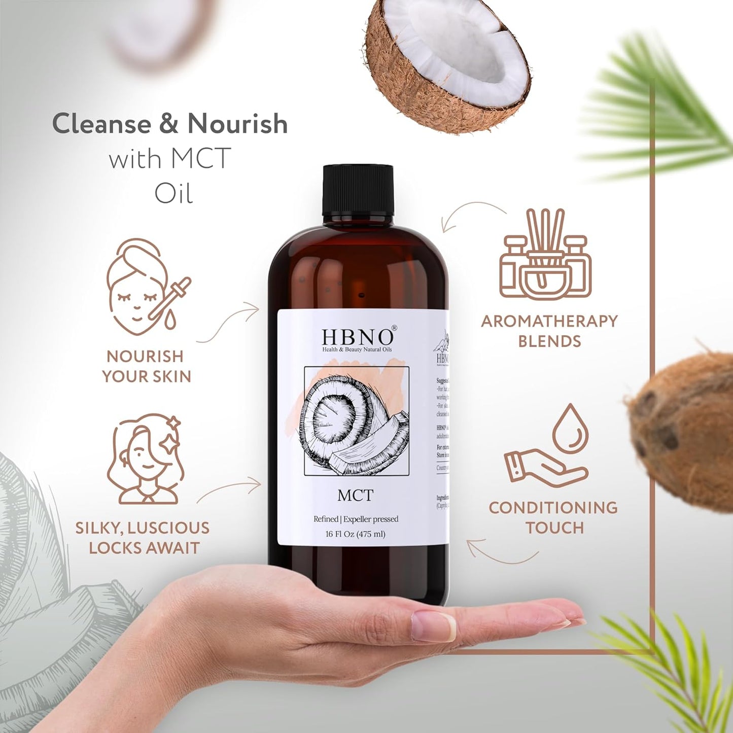 16 fl oz California Bottled Coconut MCT Oil - Cold Pressed, Natural Carrier Oil for Massage, Aromatherapy - Ideal for Face, Body, Lips, & Hair - Value Size