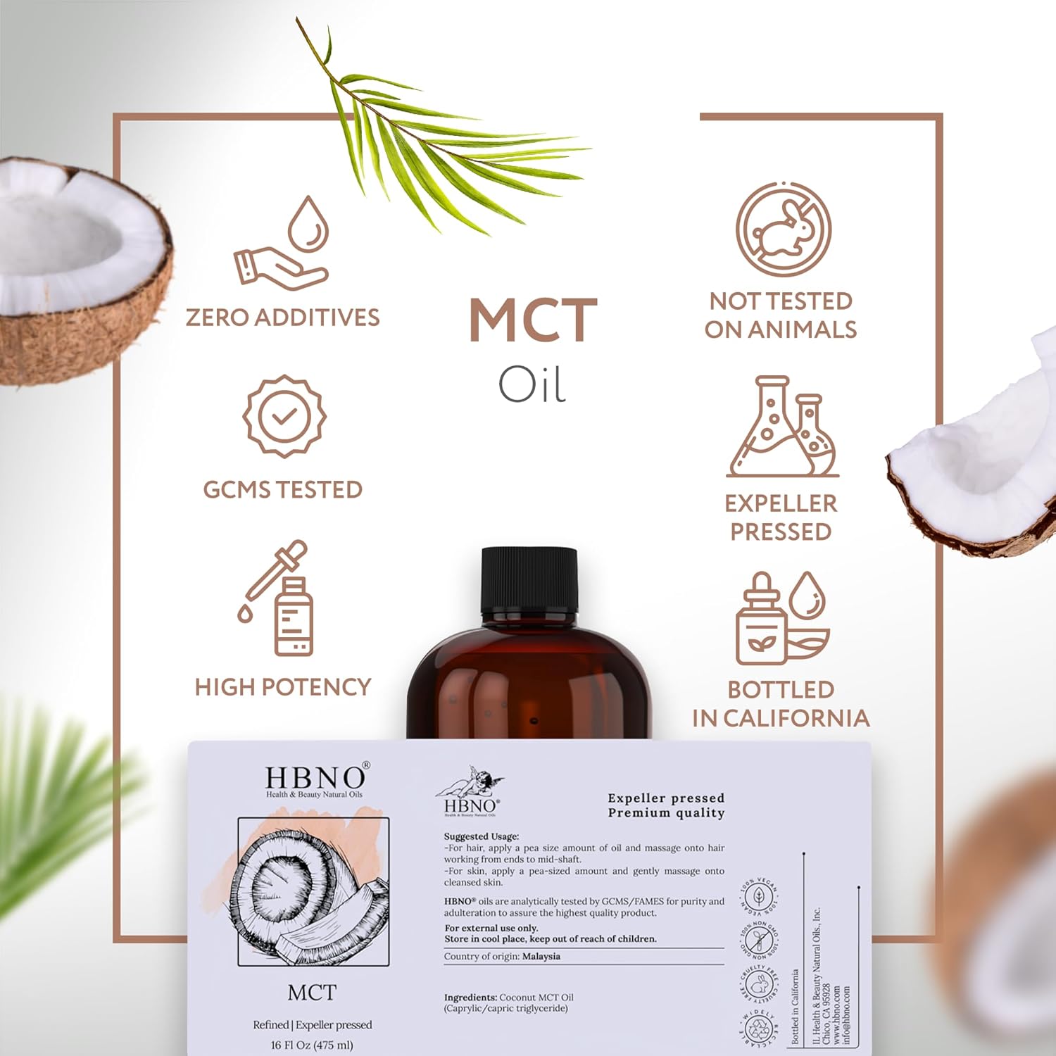 16 fl oz California Bottled Coconut MCT Oil - Cold Pressed, Natural Carrier Oil for Massage, Aromatherapy - Ideal for Face, Body, Lips, & Hair - Value Size