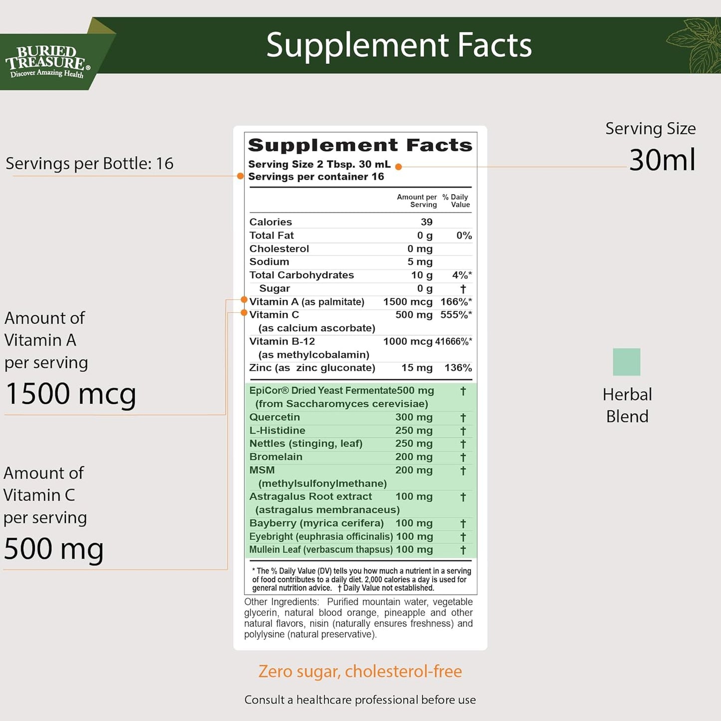 16 fl oz Liquid Supplement with Quercetin, Bromelain, and Mullein for Immune and Sinus Support - Non-Drowsy Herbal Formula