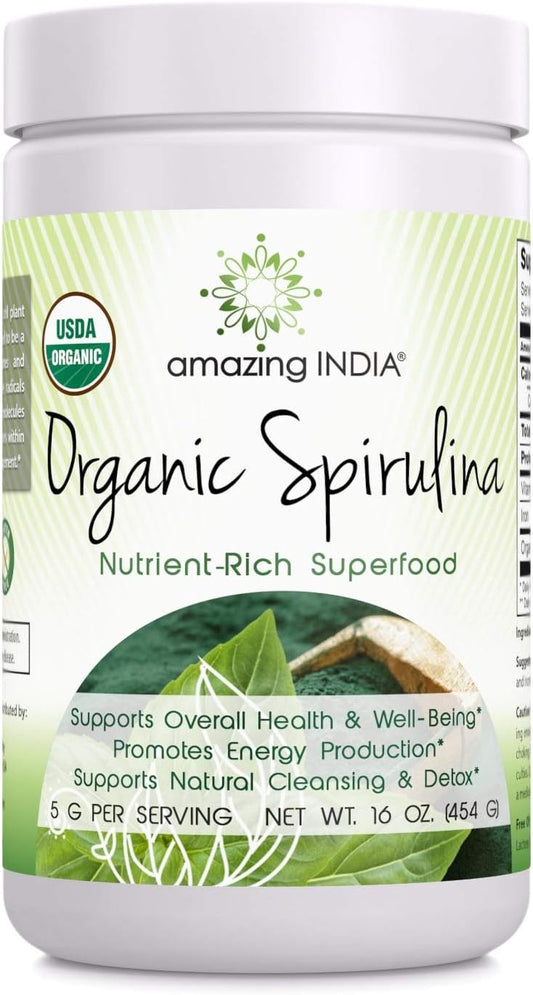 16 oz Amazing India Organic Spirulina Powder (Non-GMO) - Supports Cell Regeneration, Immune Health, Detox & Wellness - 454 gm