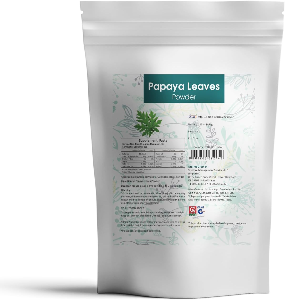 16 oz AYURFOREST Dried Papaya Leaf Powder - Carica Papaya Herbal Supplement - 454g