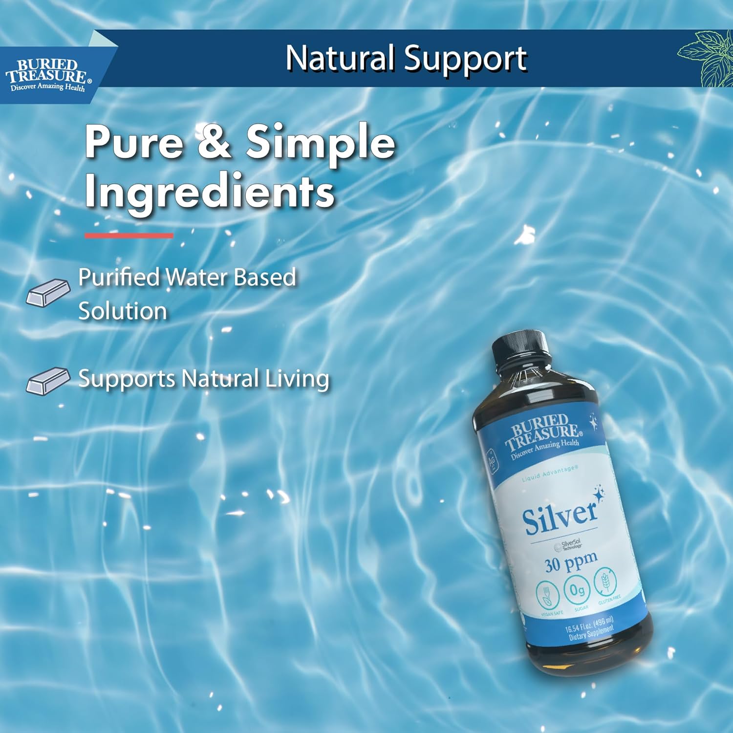 16 oz. Buried Treasure Purified Silver Liquid: Non-Accumulative Nano Silver Spray & Dietary Immune Supplement - 30 PPM, 96 Servings