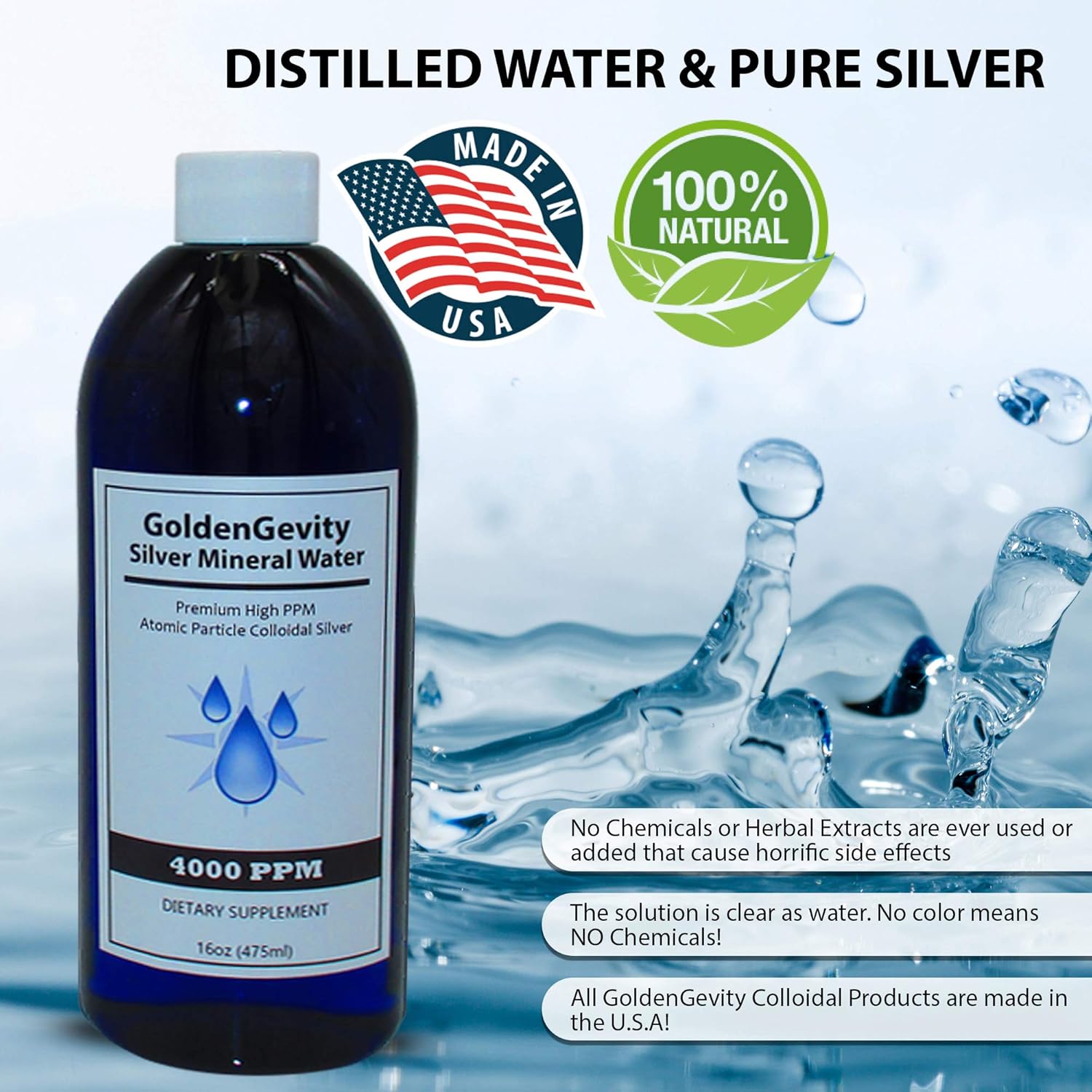 16 oz GoldenGevity Bioactive Atomic Colloidal Silver 4000 PPM | Non-Toxic Trace Mineral Immune Support Supplement