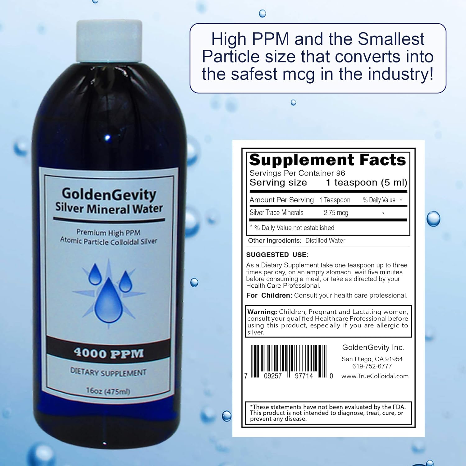16 oz GoldenGevity Bioactive Atomic Colloidal Silver 4000 PPM | Non-Toxic Trace Mineral Immune Support Supplement