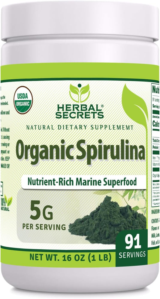 16 Oz Herbal Secrets Organic Spirulina Powder | Made in USA | Non-GMO & Gluten Free