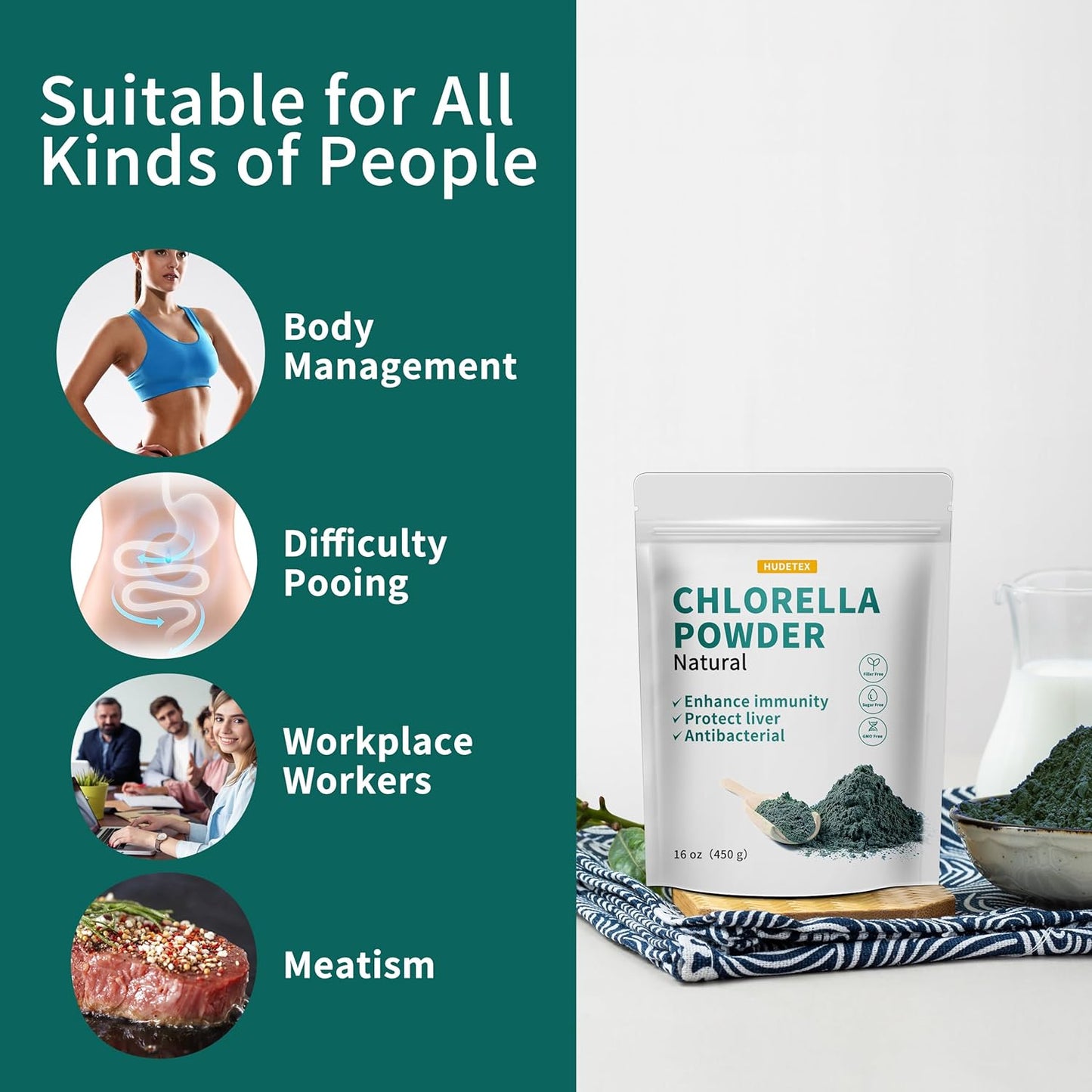 16 oz Hudetex Chlorella Powder: Natural Chlorophyll for Immune System, Liver Health, Youth, Vegan Protein & Vitamins