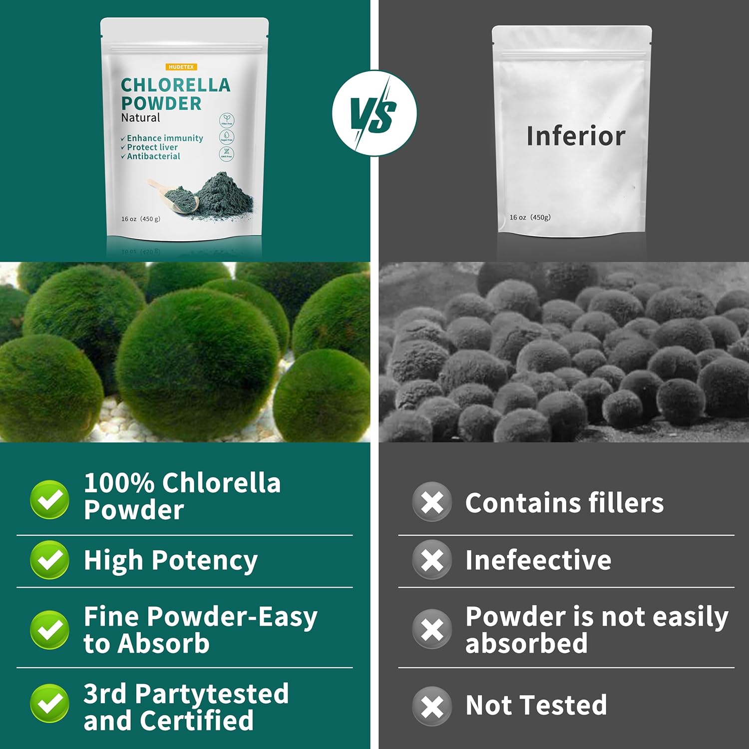 16 oz Hudetex Chlorella Powder: Natural Chlorophyll for Immune System, Liver Health, Youth, Vegan Protein & Vitamins