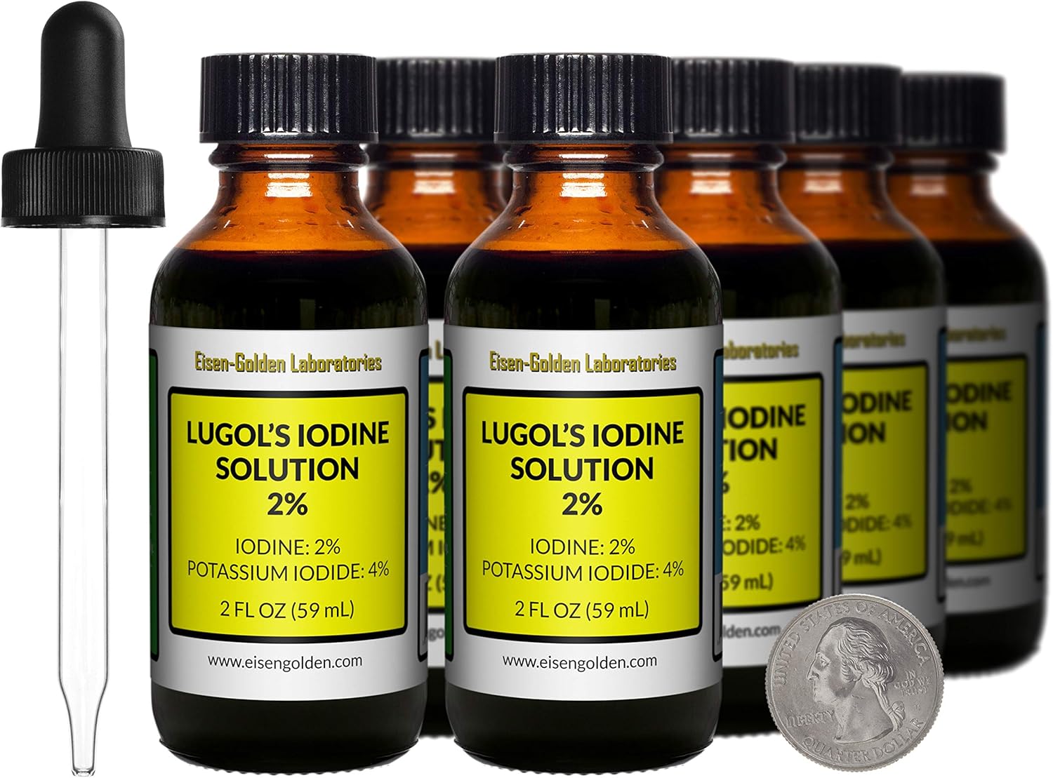 16 oz. Lugol's Iodine 2% Solution in Amber Glass Bottles - Pack of 8 with Free Droppers - Made in USA
