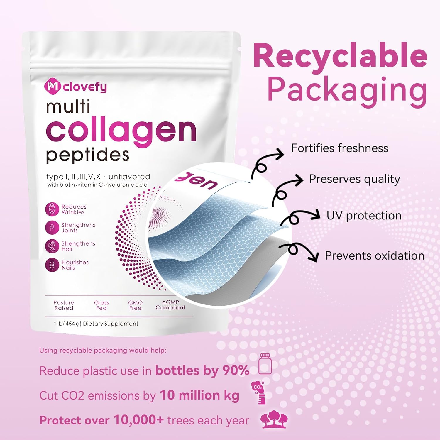 16 Oz Mclovefy Multi Collagen Peptides Powder - Type I, II, III, V, X Protein Supplement with Hyaluronic Acid, Vitamin C, Biotin - Unflavored, Easy Mixing for Drinks
