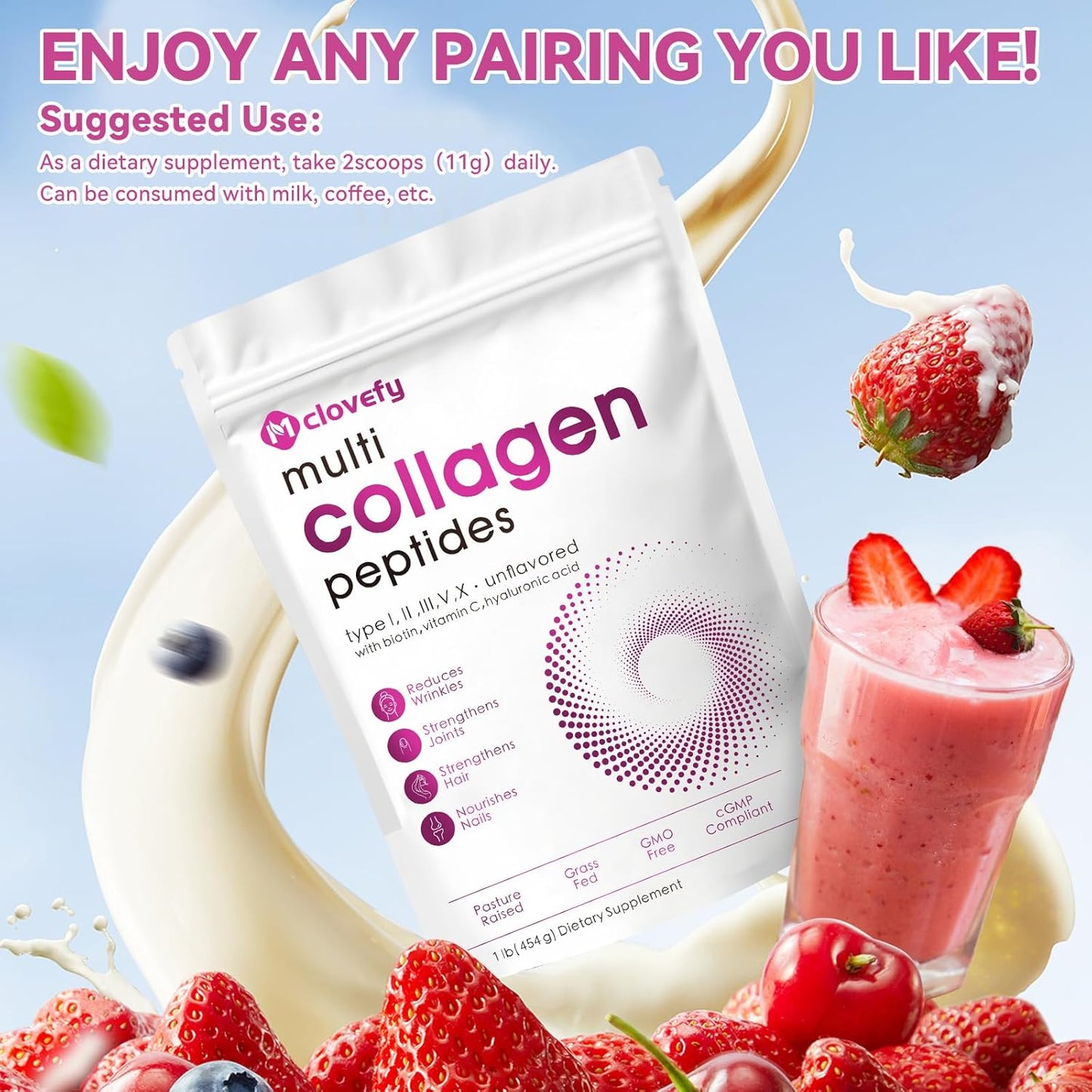 16 Oz Mclovefy Multi Collagen Peptides Powder - Type I, II, III, V, X Protein Supplement with Hyaluronic Acid, Vitamin C, Biotin - Unflavored, Easy Mixing for Drinks