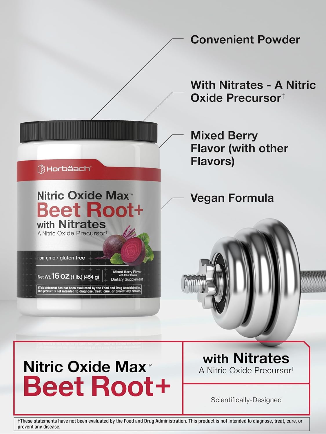 16 oz Mixed Berry Flavored Nitric Oxide Beet Root Powder Supplement with Nitrates - Vegan, Non-GMO, Gluten Free