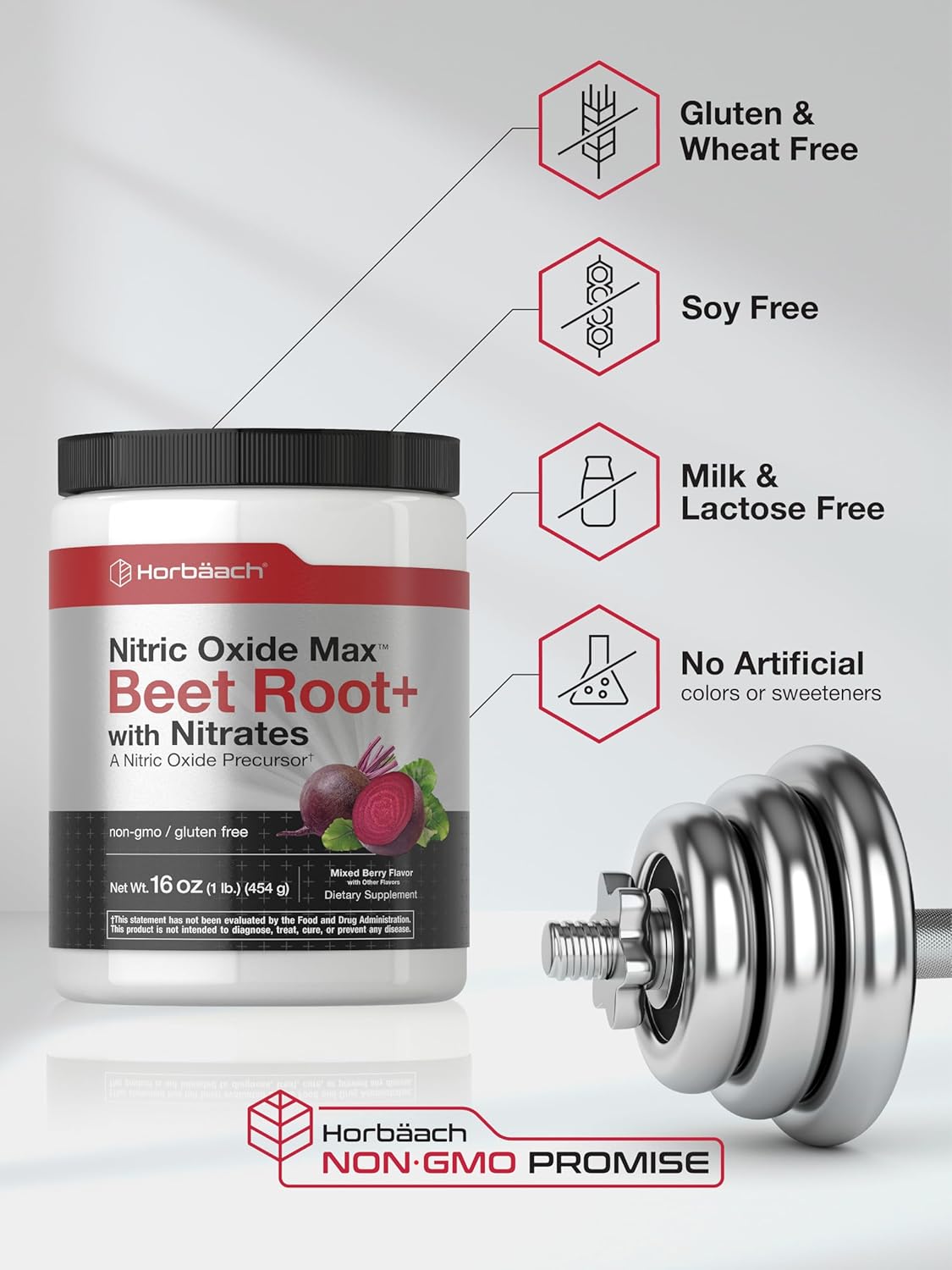 16 oz Mixed Berry Flavored Nitric Oxide Beet Root Powder Supplement with Nitrates - Vegan, Non-GMO, Gluten Free