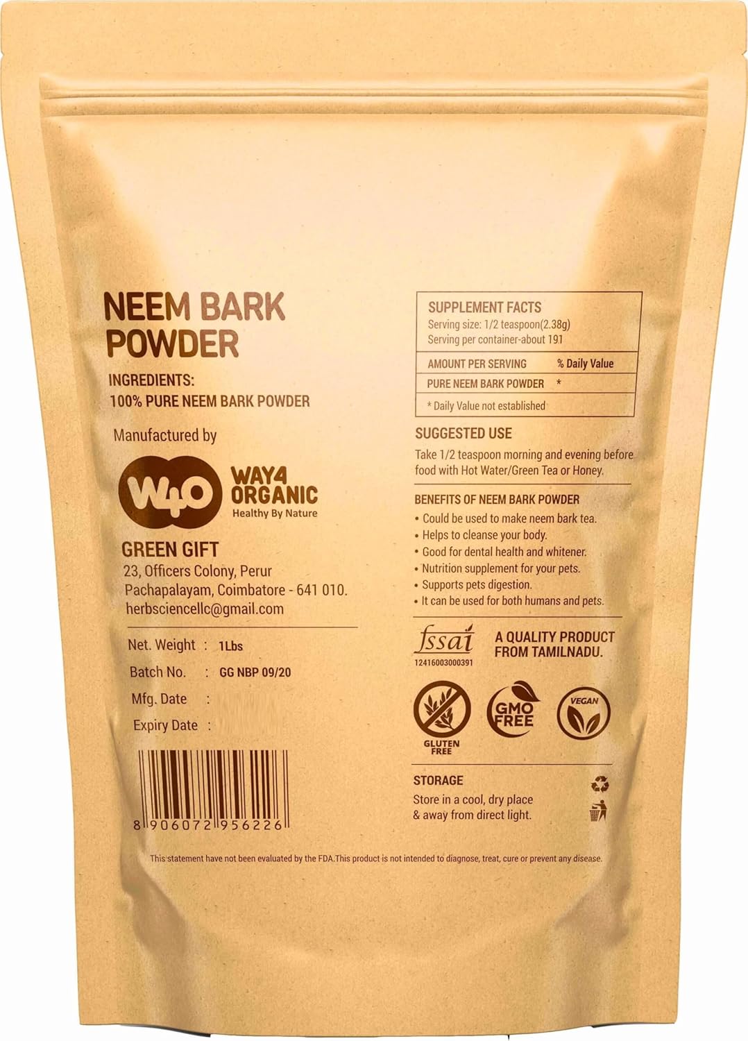16 oz Neem Bark Powder for Dental and Digestion Support - 100% Organic Tooth Powder from Way4Organic