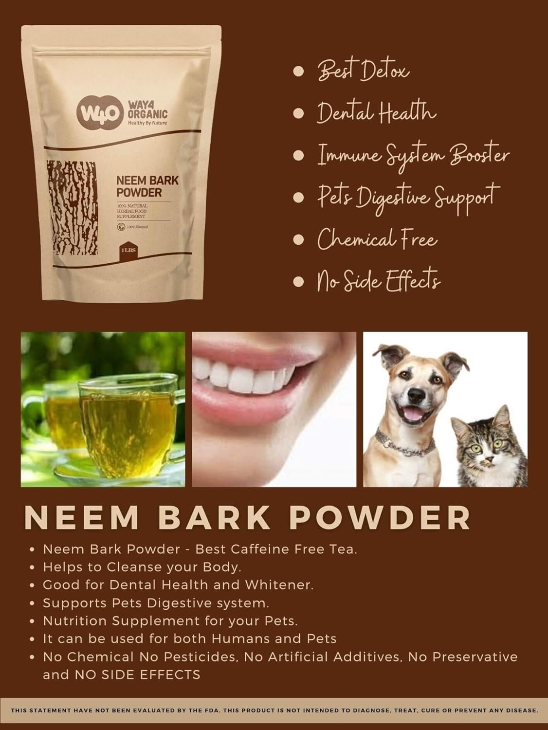 16 oz Neem Bark Powder for Dental and Digestion Support - 100% Organic Tooth Powder from Way4Organic