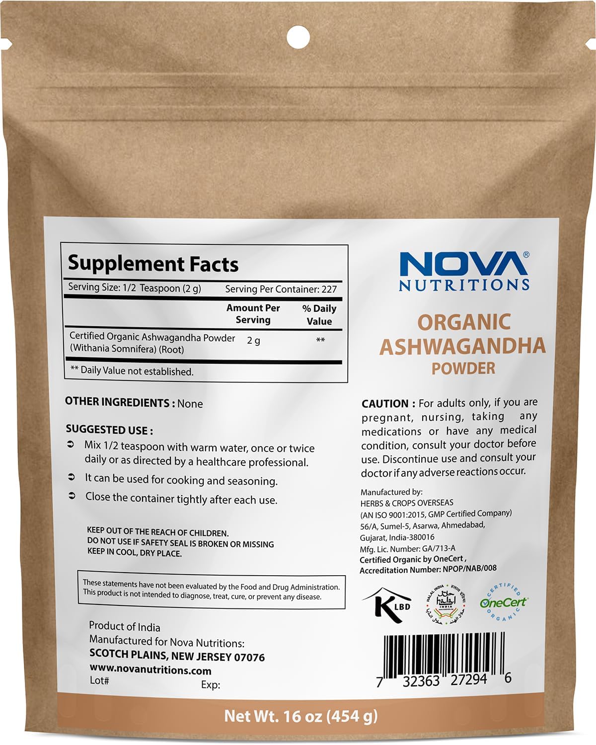 16 OZ Nova Nutritions Certified Organic Ashwagandha Powder - Withania Somnifera Supplement