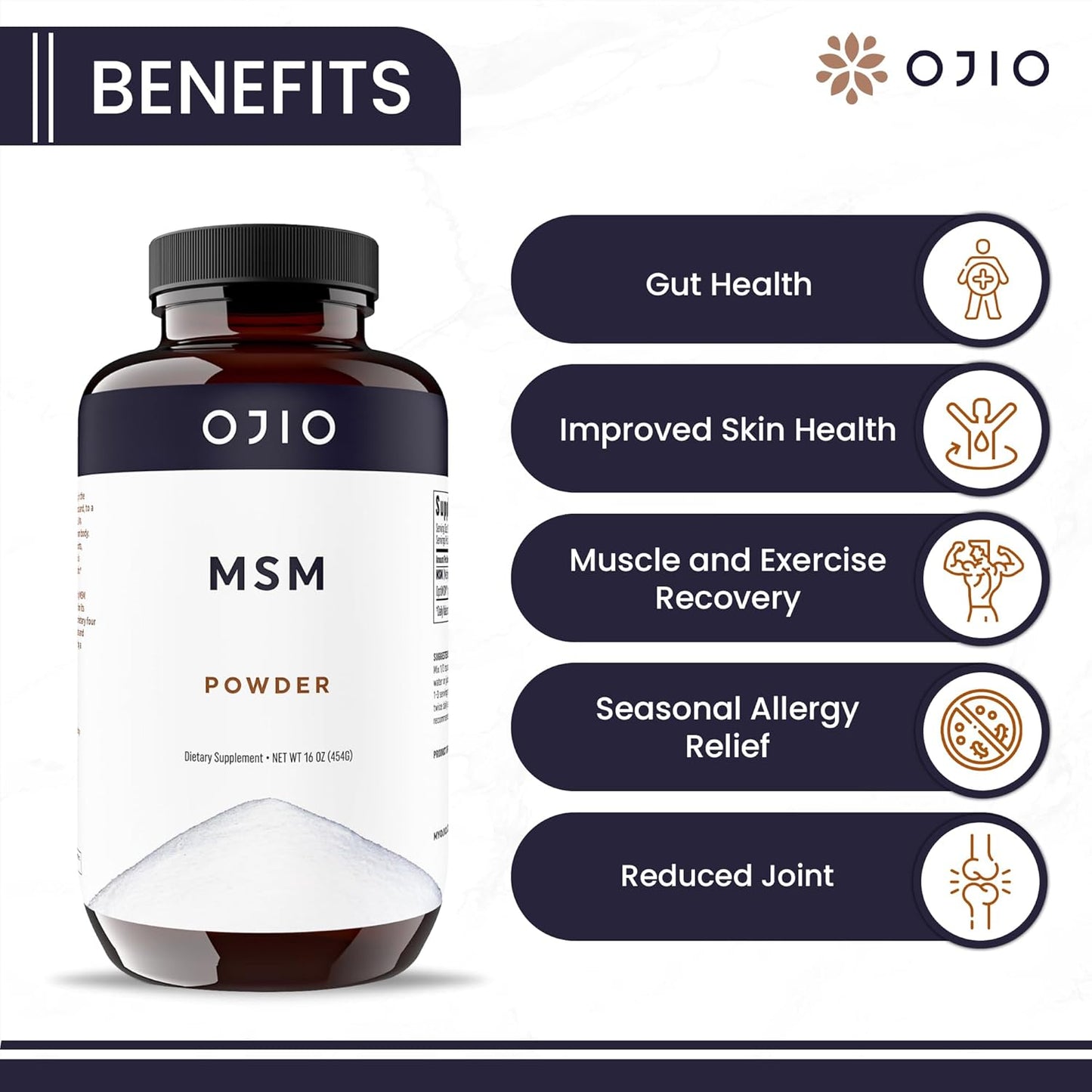 16 oz Ojio Pure OptiMSM MSM Powder Supplement for Joints, Skin, Hair, Nails - Kosher, Vegan, Gluten Free, Non-GMO - Pesticide & Herbicide Free