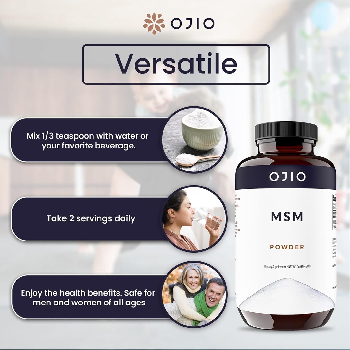 16 oz Ojio Pure OptiMSM MSM Powder Supplement for Joints, Skin, Hair, Nails - Kosher, Vegan, Gluten Free, Non-GMO - Pesticide & Herbicide Free