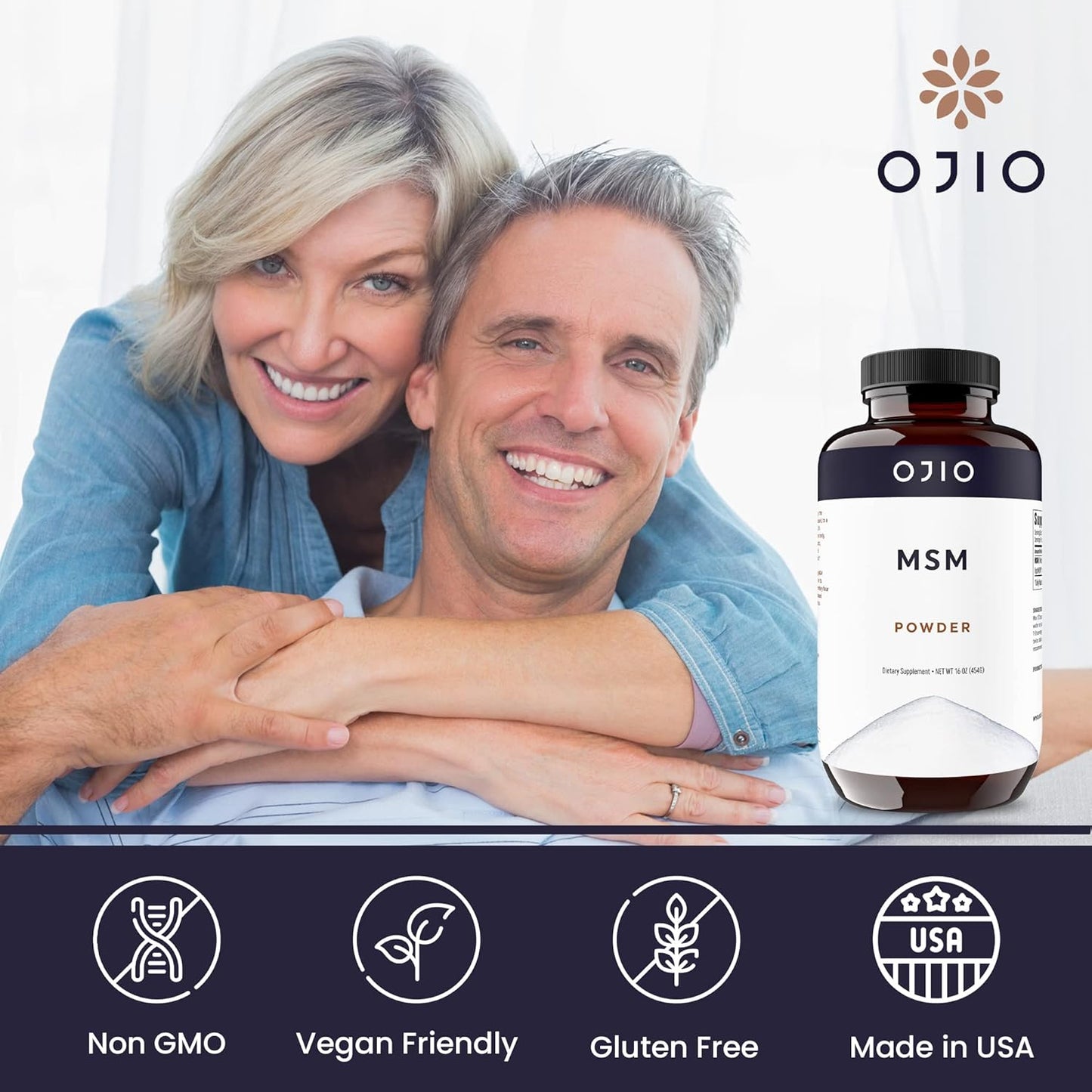 16 oz Ojio Pure OptiMSM MSM Powder Supplement for Joints, Skin, Hair, Nails - Kosher, Vegan, Gluten Free, Non-GMO - Pesticide & Herbicide Free