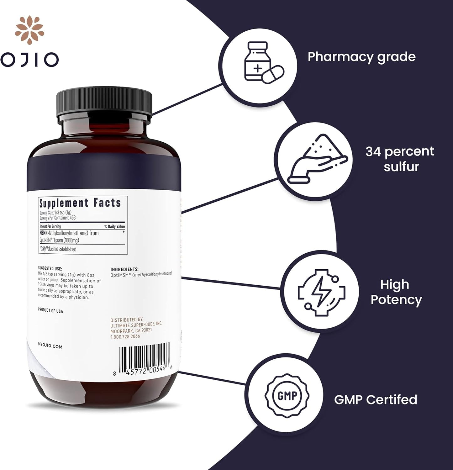 16 oz Ojio Pure OptiMSM MSM Powder Supplement for Joints, Skin, Hair, Nails - Kosher, Vegan, Gluten Free, Non-GMO - Pesticide & Herbicide Free