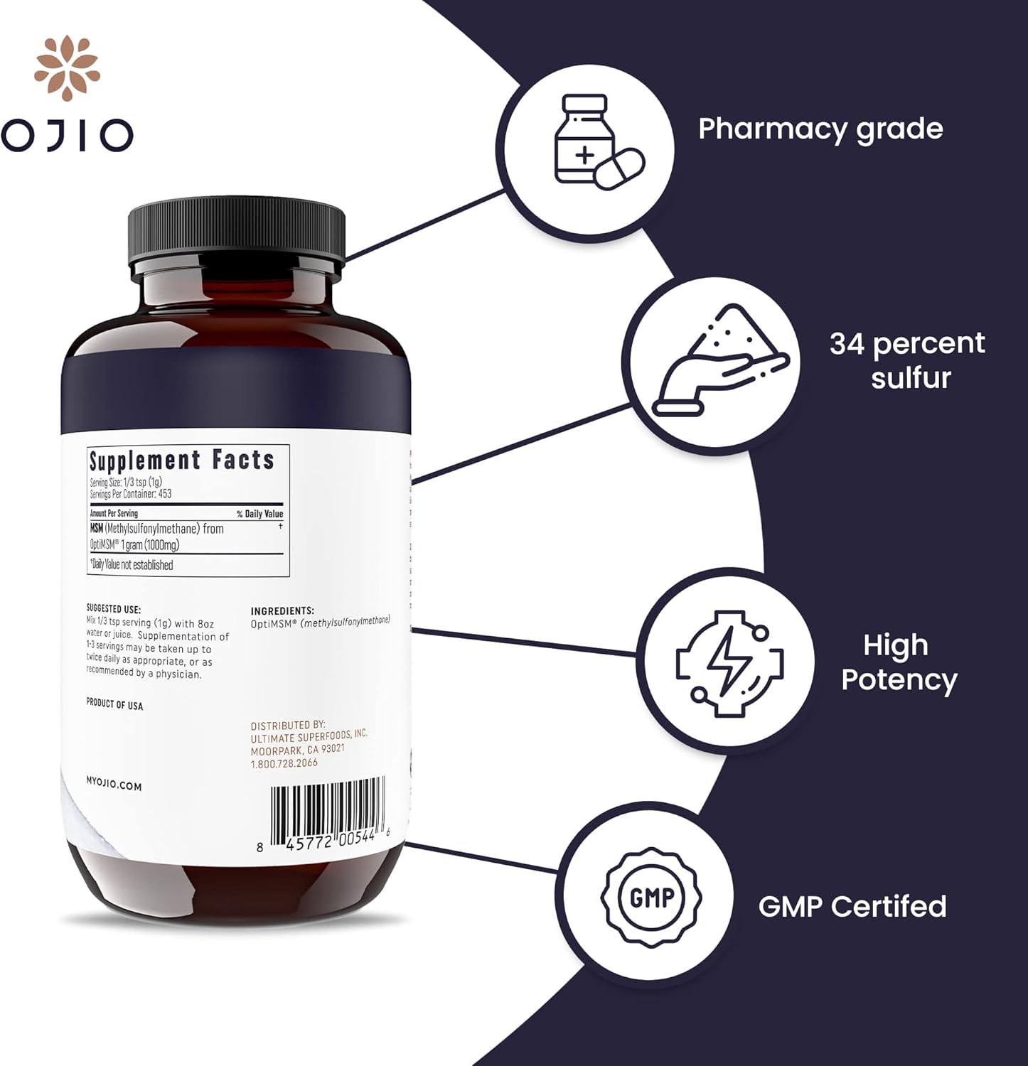 16 oz Ojio Pure OptiMSM MSM Powder Supplement for Joints, Skin, Hair, Nails - Kosher, Vegan, Gluten Free, Non-GMO - Pesticide & Herbicide Free